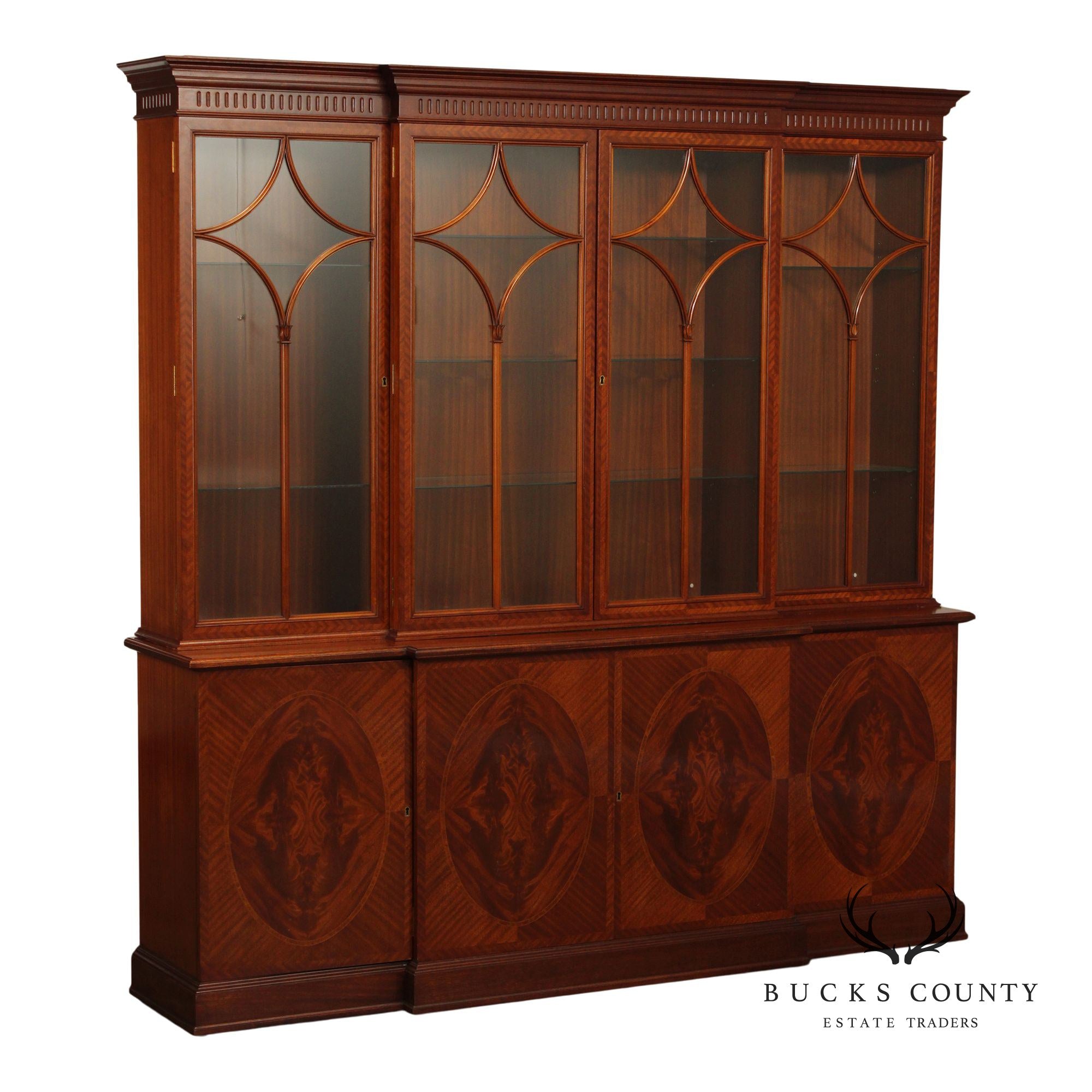 Georgian Style Mahogany and Satinwood Breakfront Bookcase