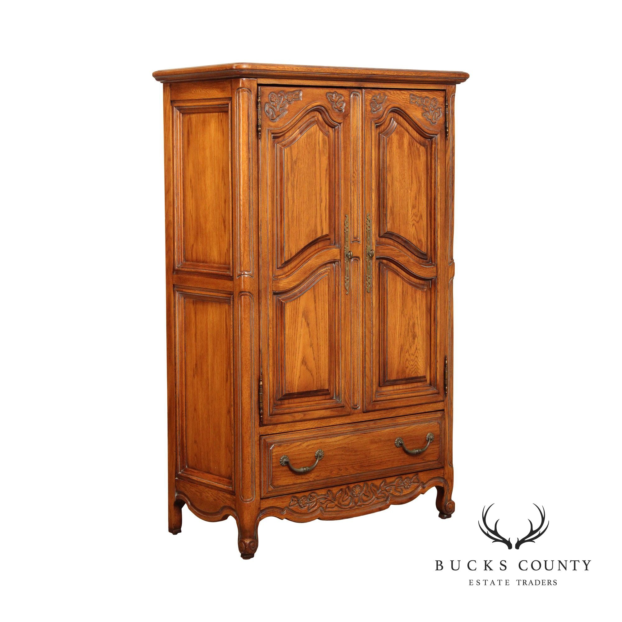 FRENCH COUNTRY STYLE CARVED OAK TWO DOOR ARMOIRE