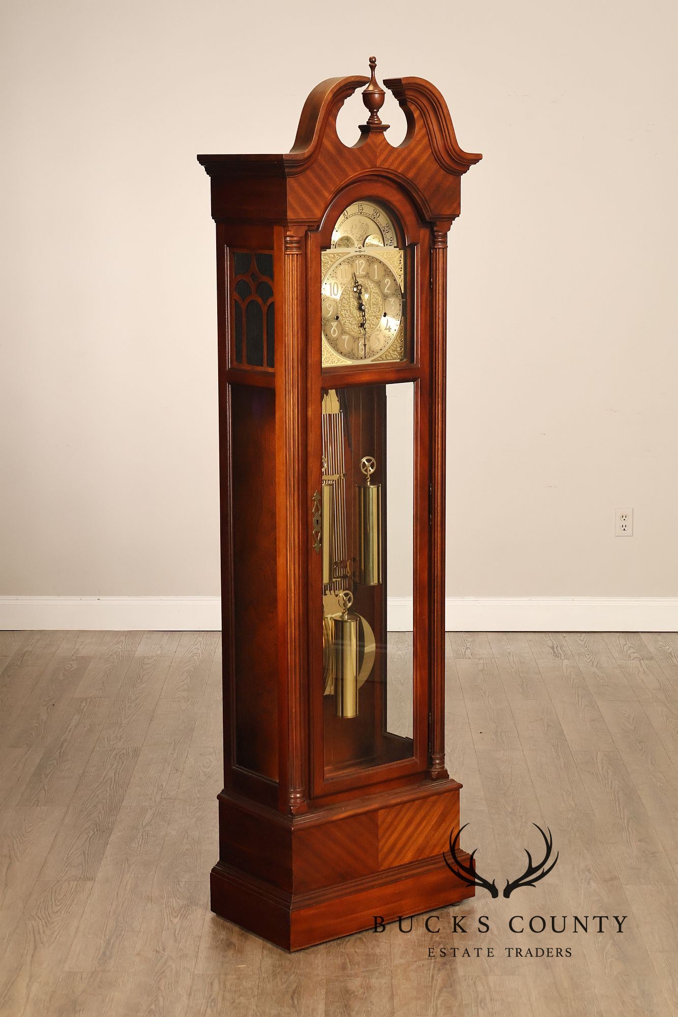 Howard Miller Mahogany Grandfather Clock With Brass Dial And Weights