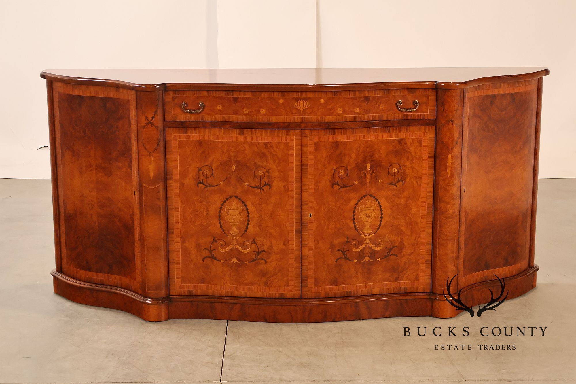 Italian Style Marquetry Inlaid Burl Wood Credenza Sideboard