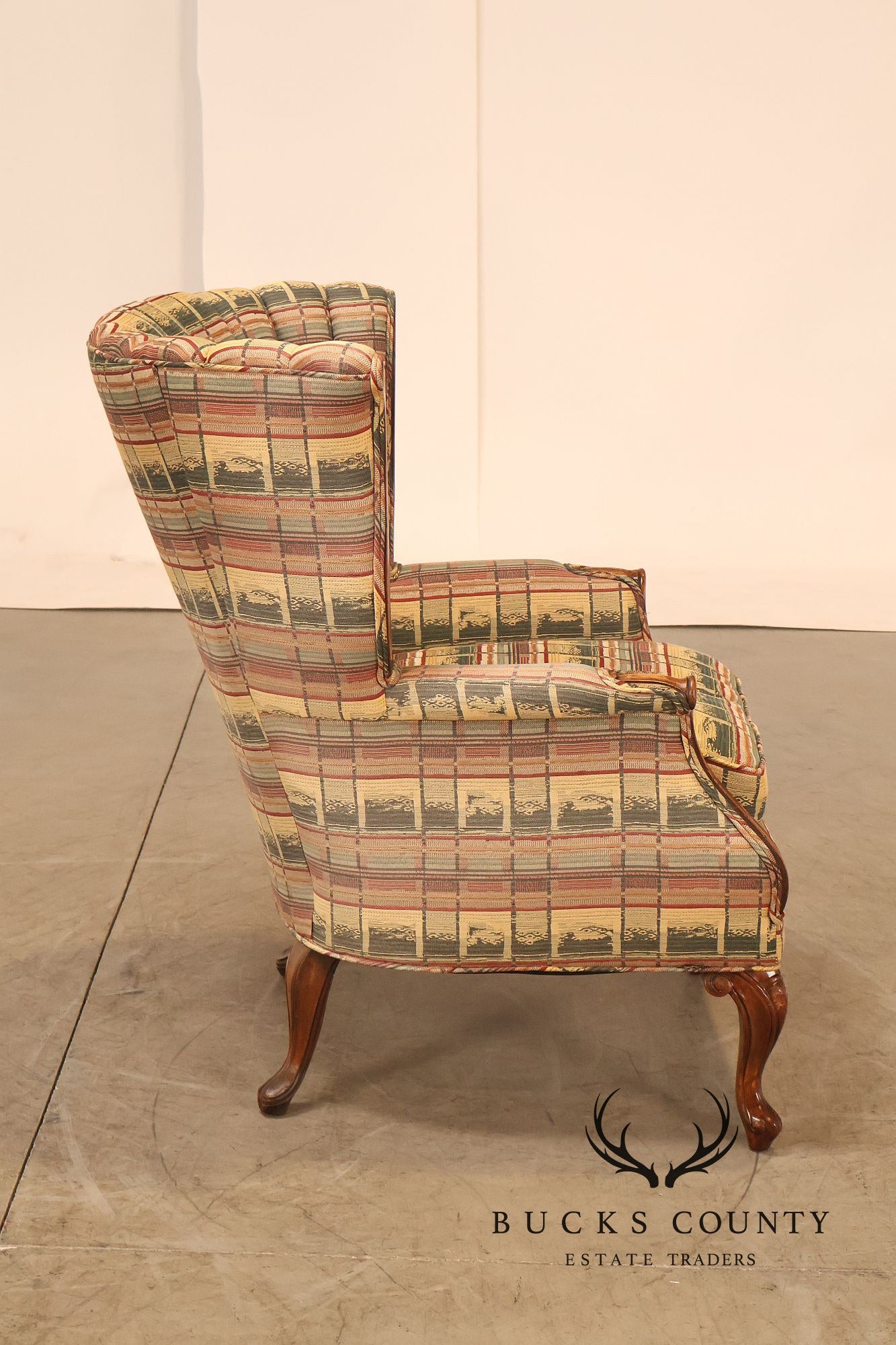 Vintage Channel Back Carved Frame Wingback Armchair