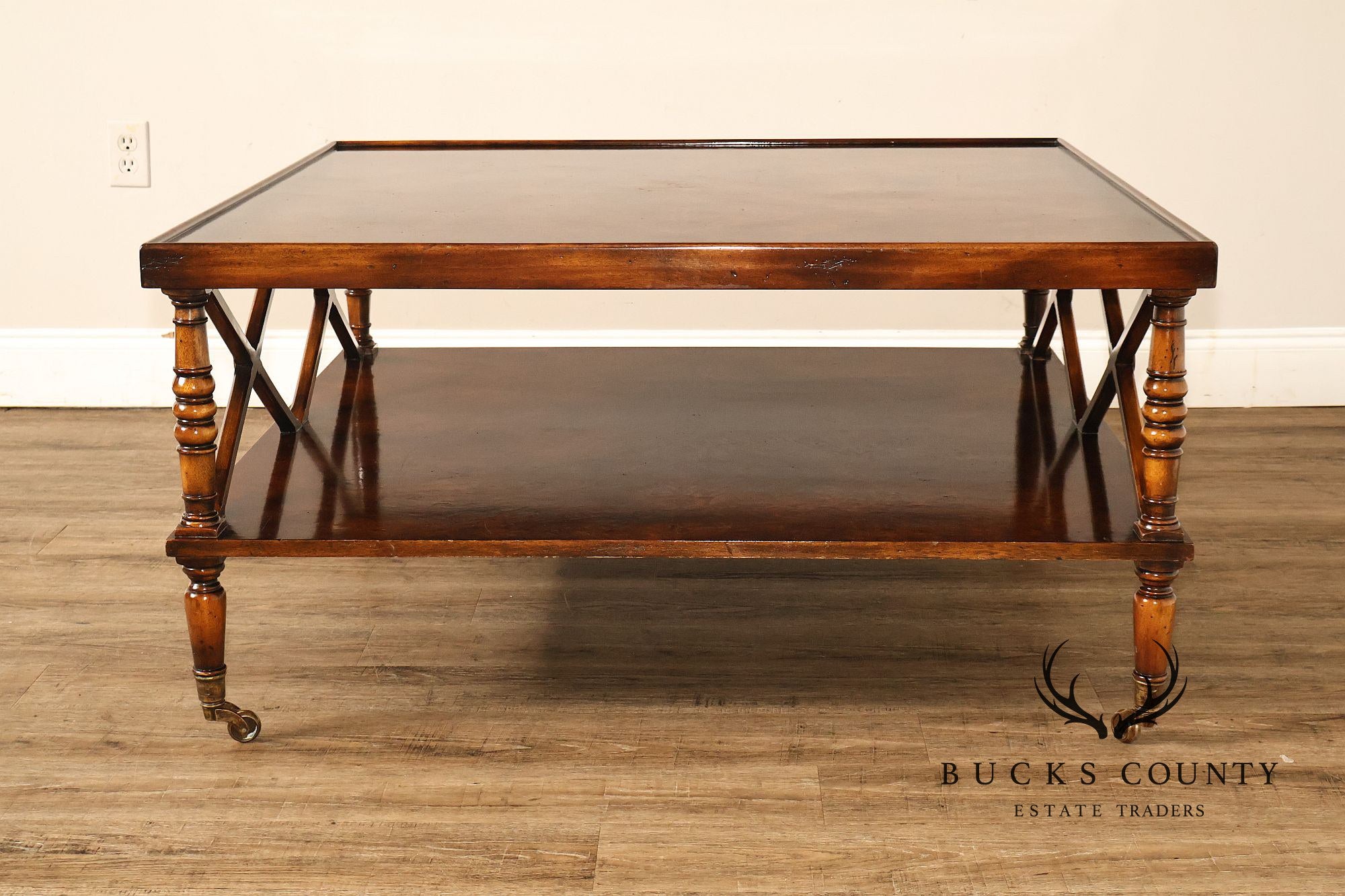 Regency Style Burl Wood Two-Tier Square Coffee Table On Brass Casters