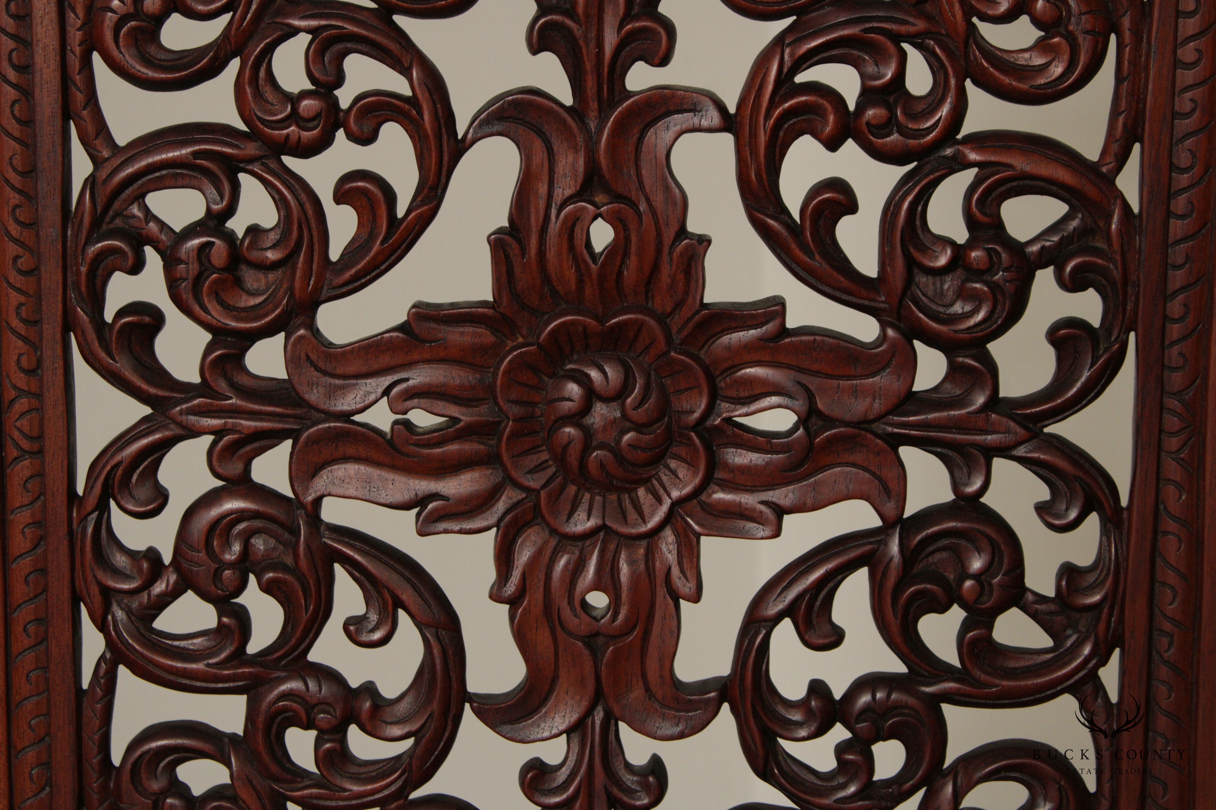 Ornate Carved Mahogany Folding Two-Panel Dressing Screen