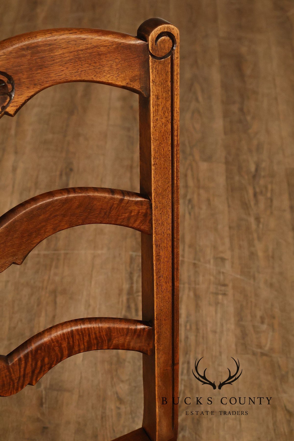 French Country Antique Set Of Eight Walnut And Leather Ladder Back Dining Chairs