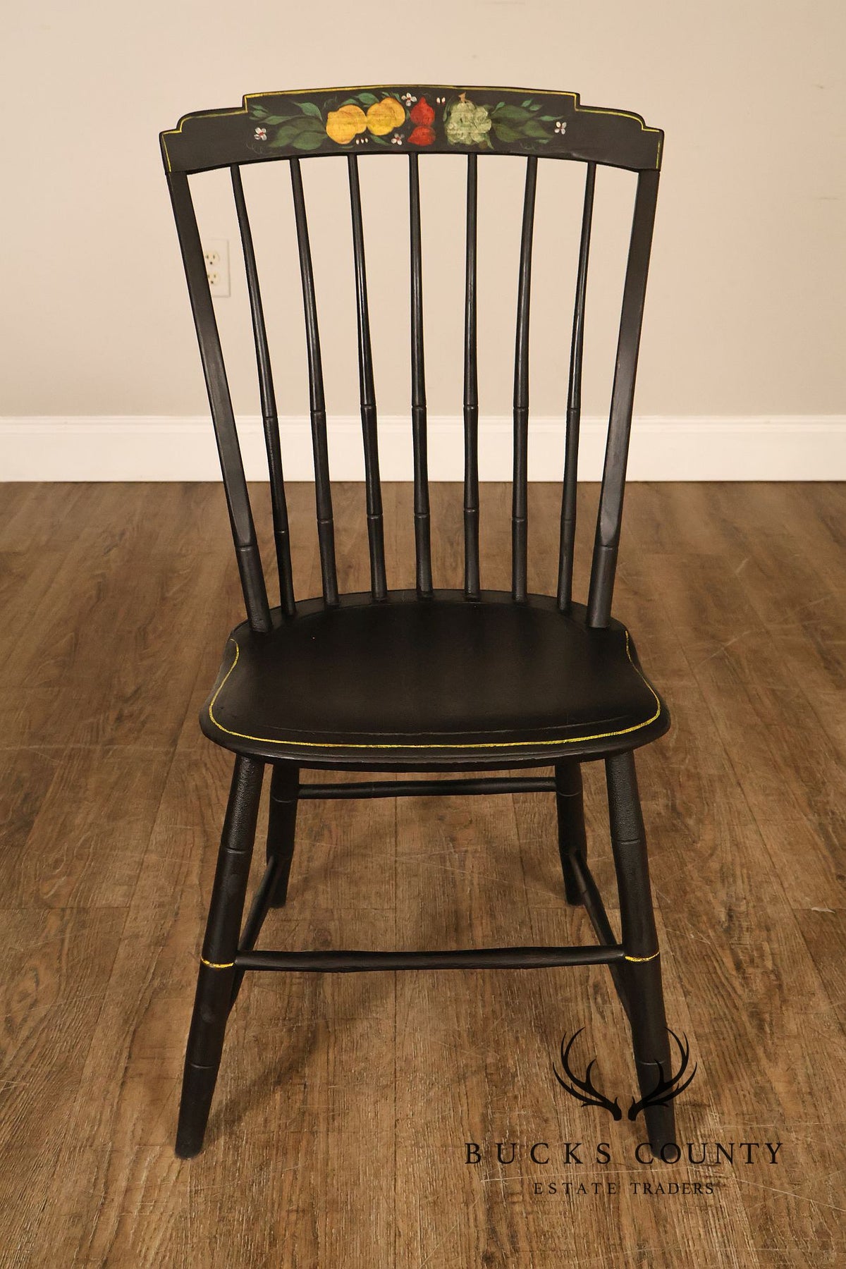 Vintage Stenciled Black Windsor Style Set Of Eight Dining Chairs