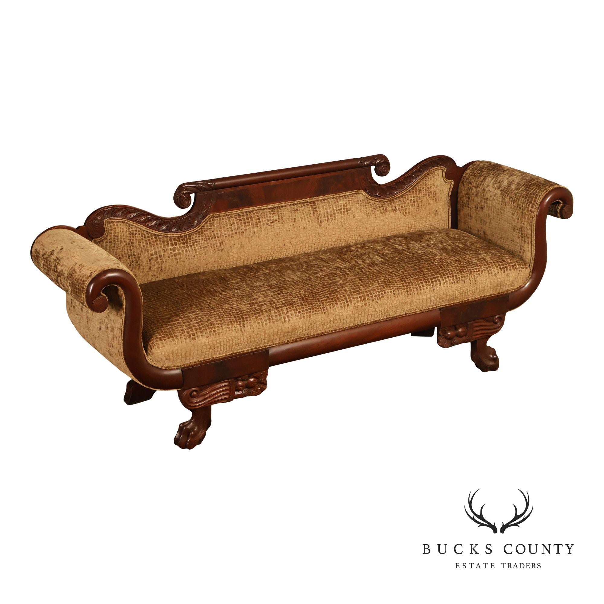 Antique American Classical Empire Style Mahogany Upholstered Sofa