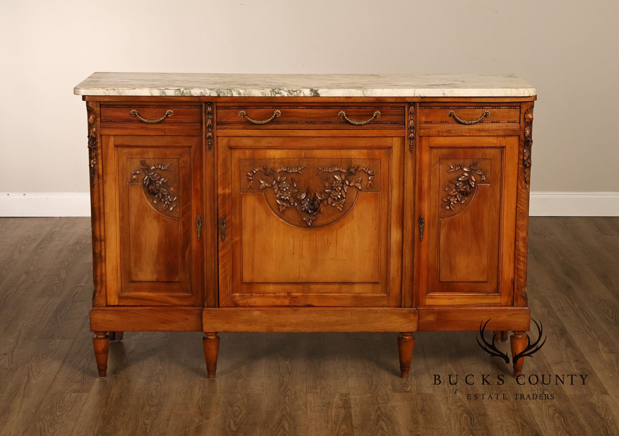 Antique French Louis XVI Style Carved Walnut Marble Top Buffet Sideboard