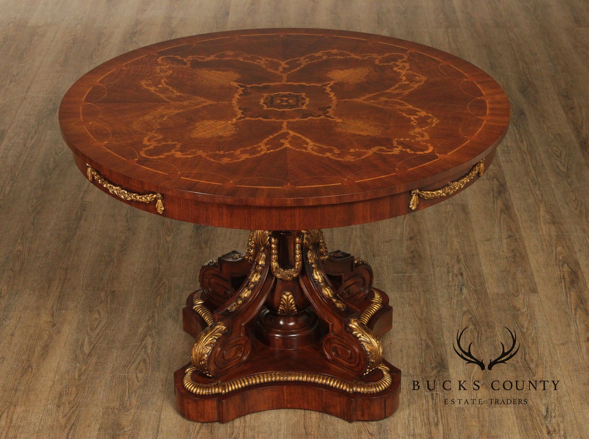 Maitland-Smith Round Inlaid Mahogany Round Center Table With Gilt Accents
