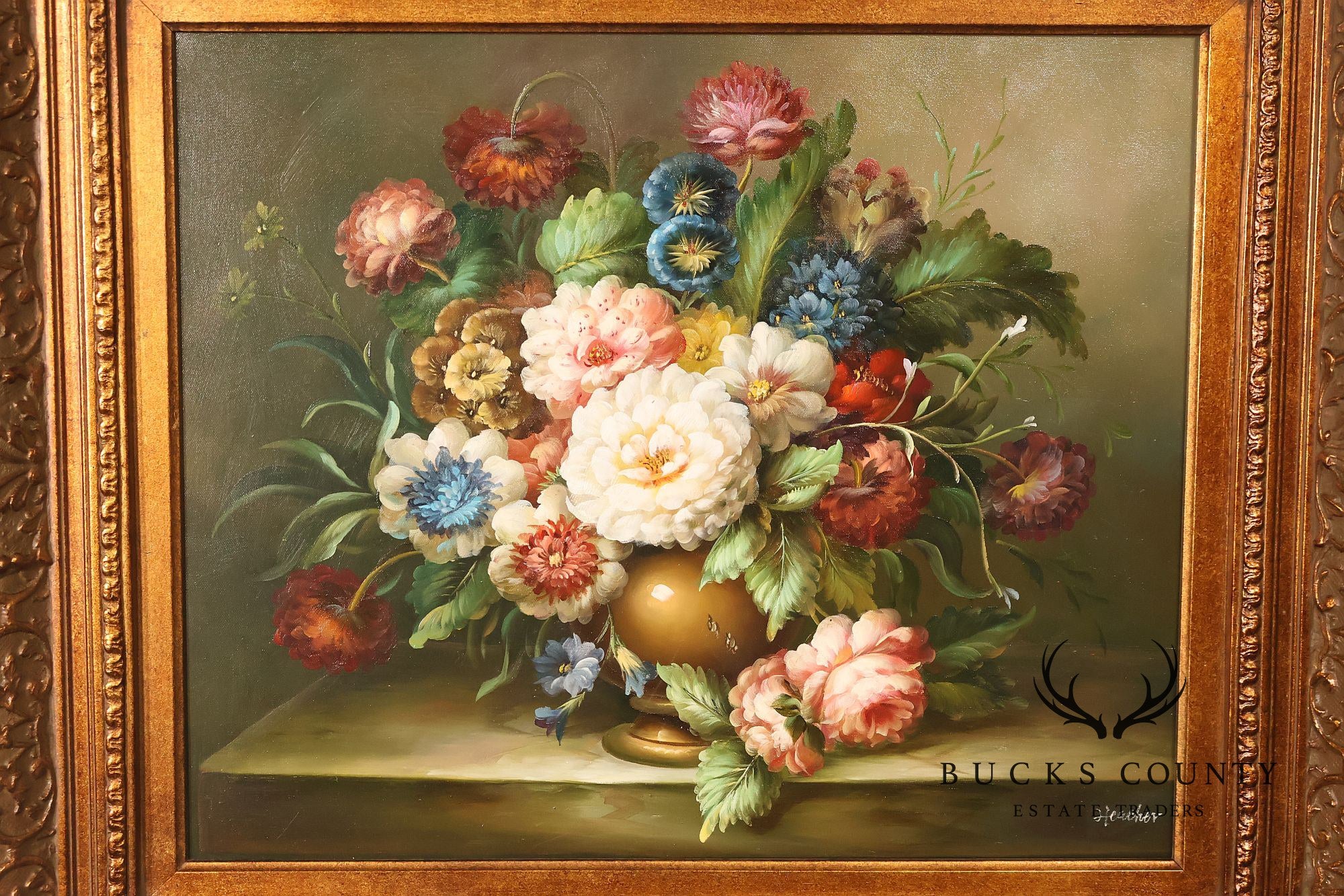 Oil Painting Botanical Still Life in Carved Wood Gold Leaf Frame Signed Heather