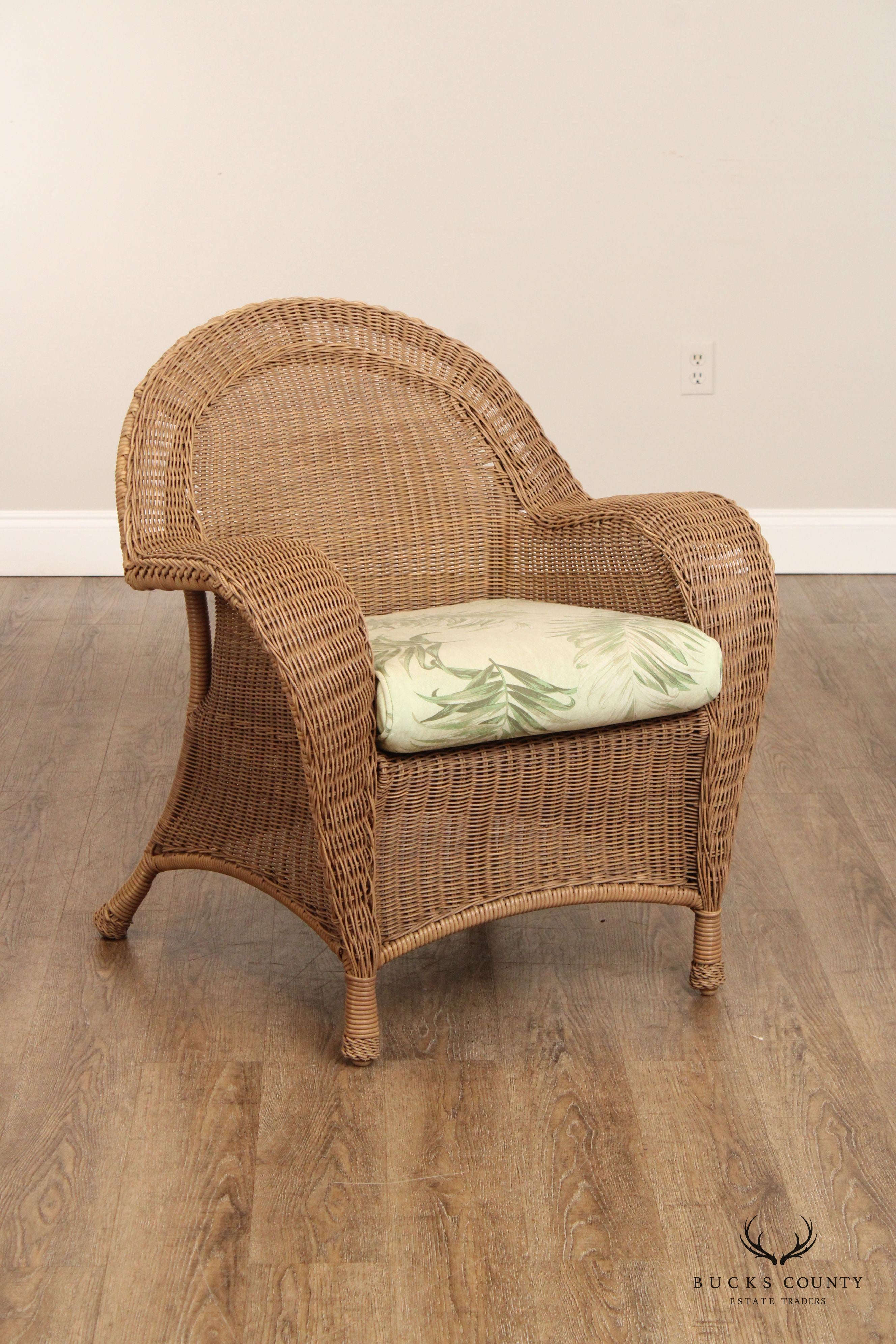 WOVEN WICKER PAIR OF OUTDOOR PATIO LOUNGE CHAIRS