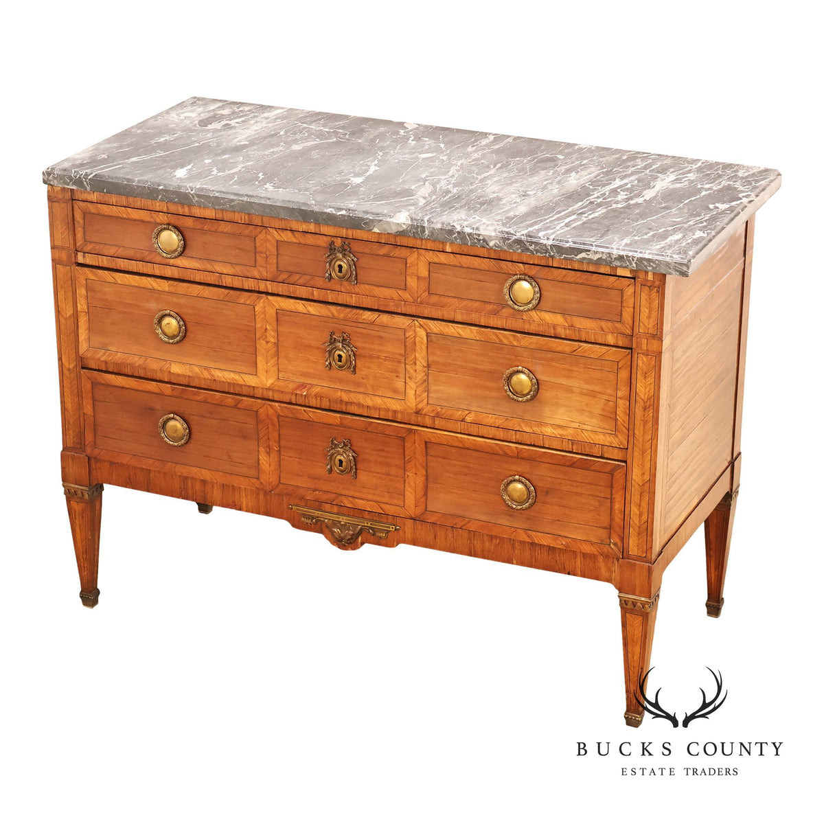 Antique French Neoclassical Marble Top Inlaid Three Drawer Chest