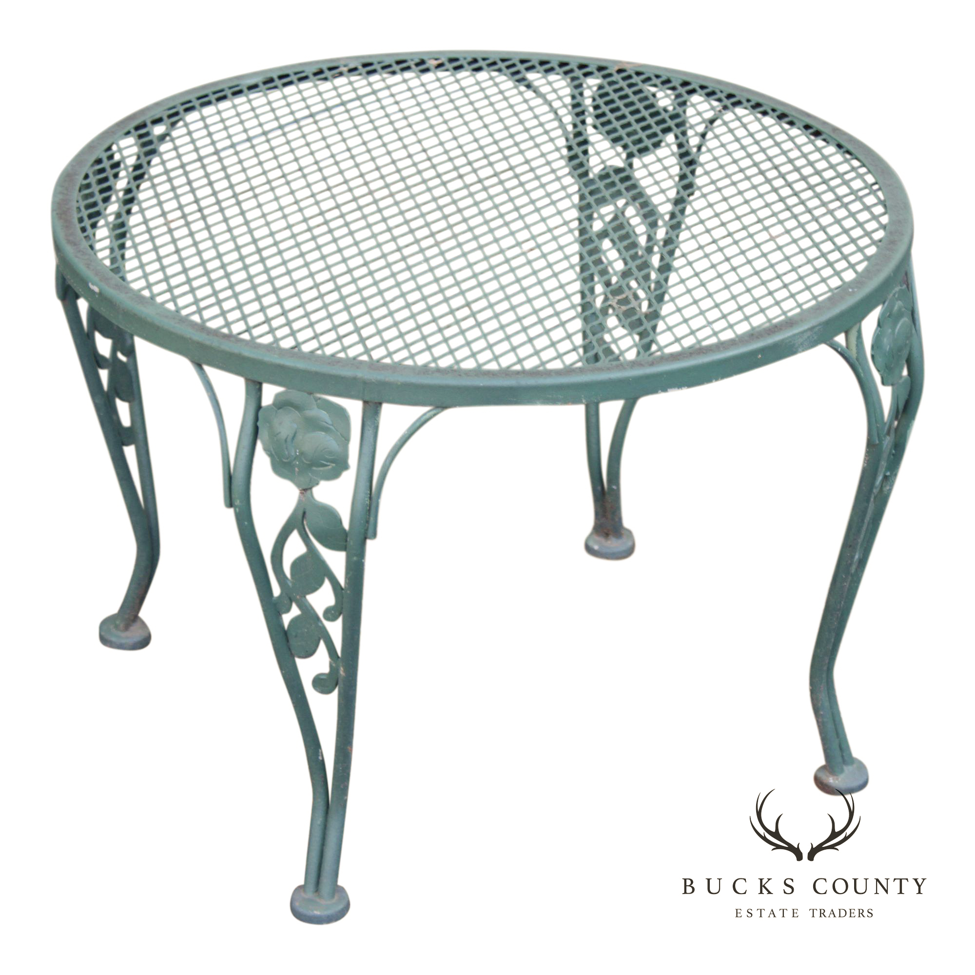 Wrought Iron Outdoor Round Mesh Top Patio Table With Floral Motif