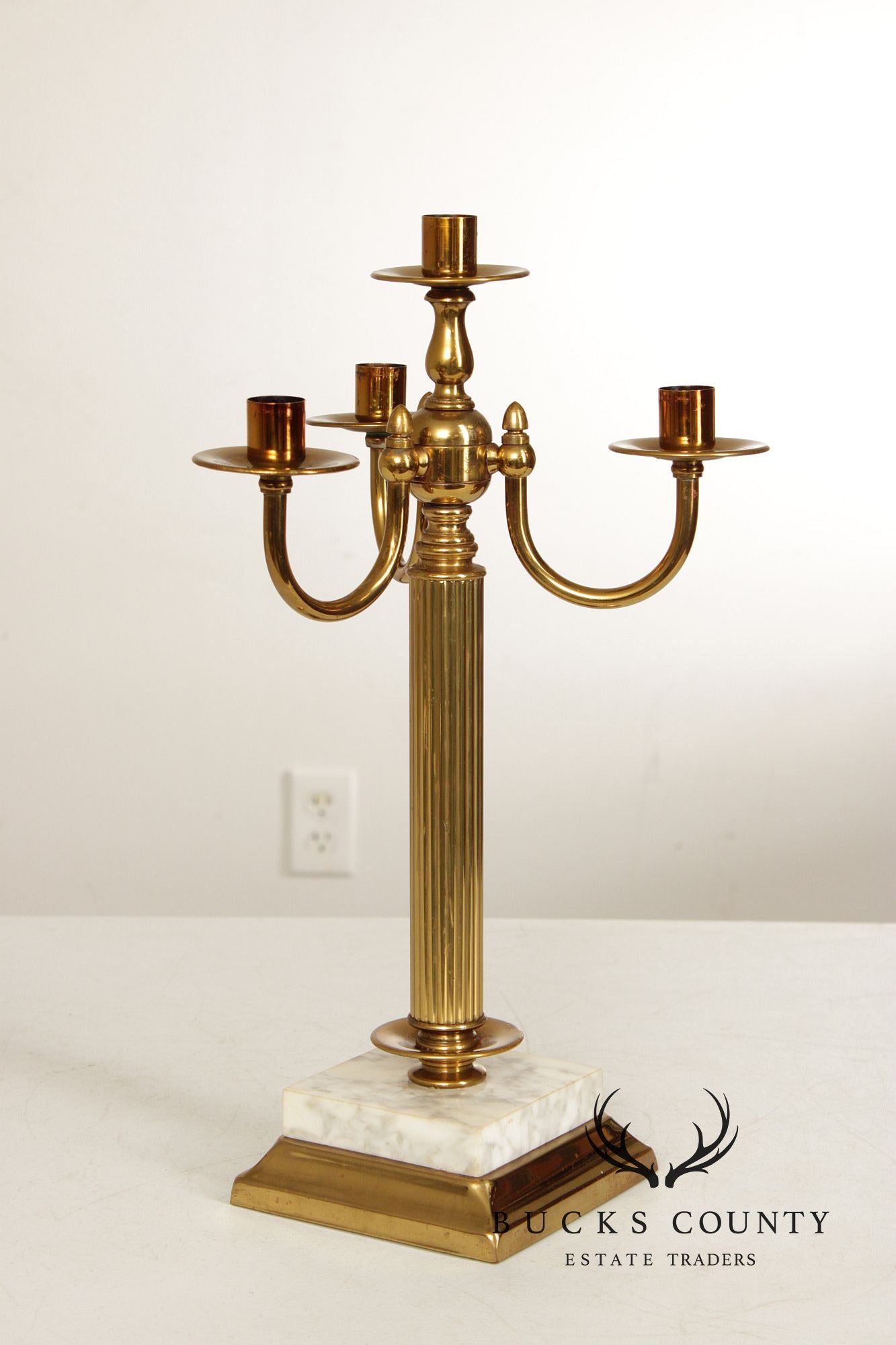 Classical Style Vintage Pair of Brass and Marble Candelabra