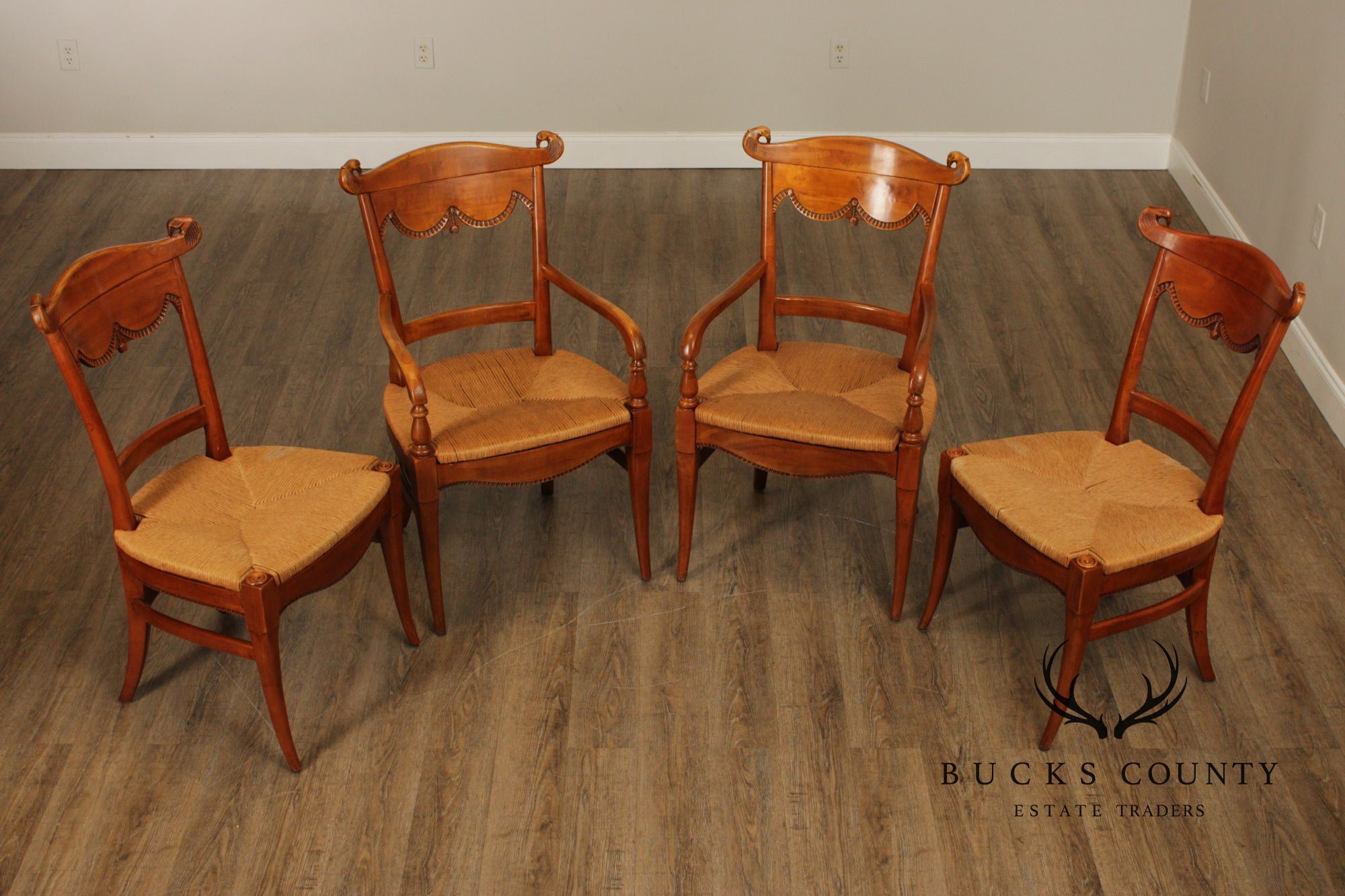 Federal Style Set of Four Eagle-Carved Rush Seat Dining Chairs