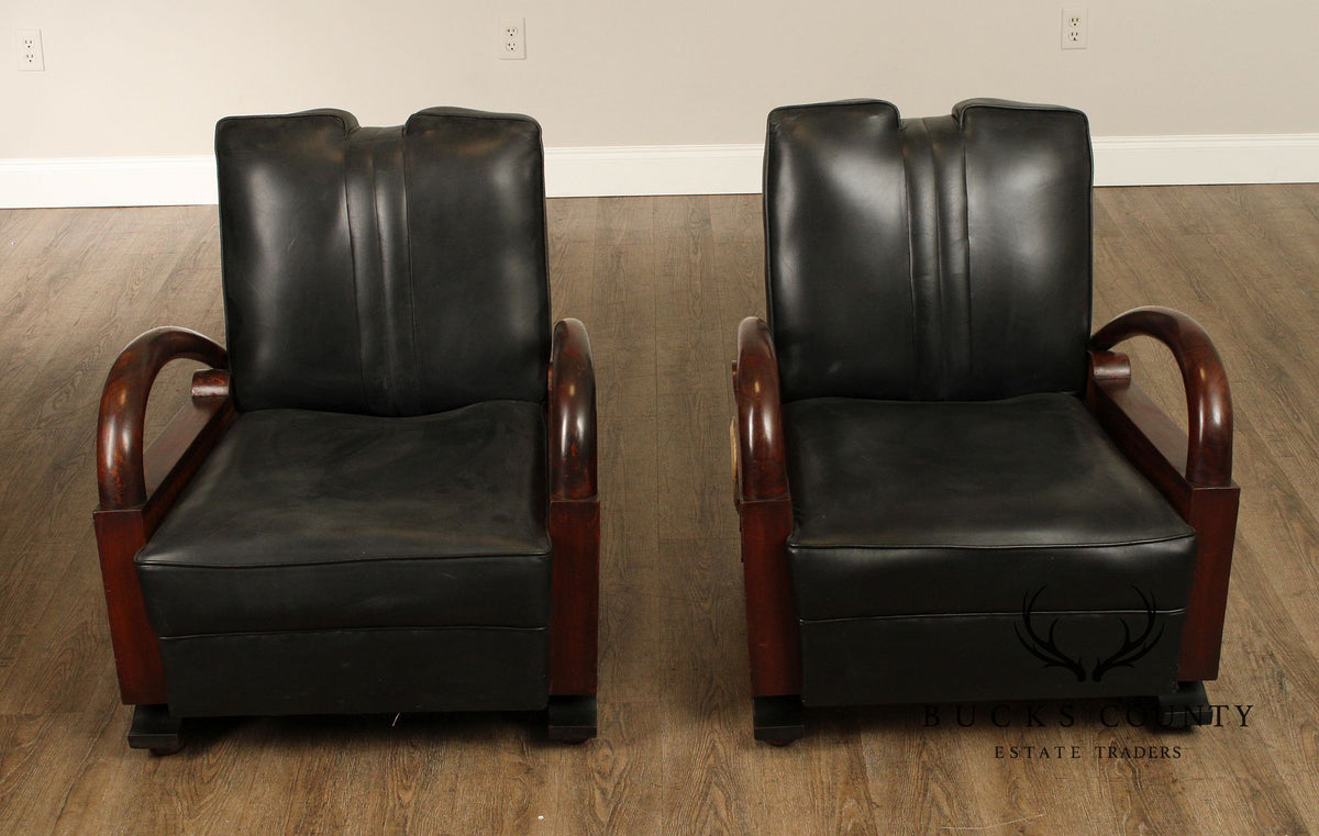 Art Deco Pair Of Streamline Moderne Rosewood And Black Leather Lounge Chairs
