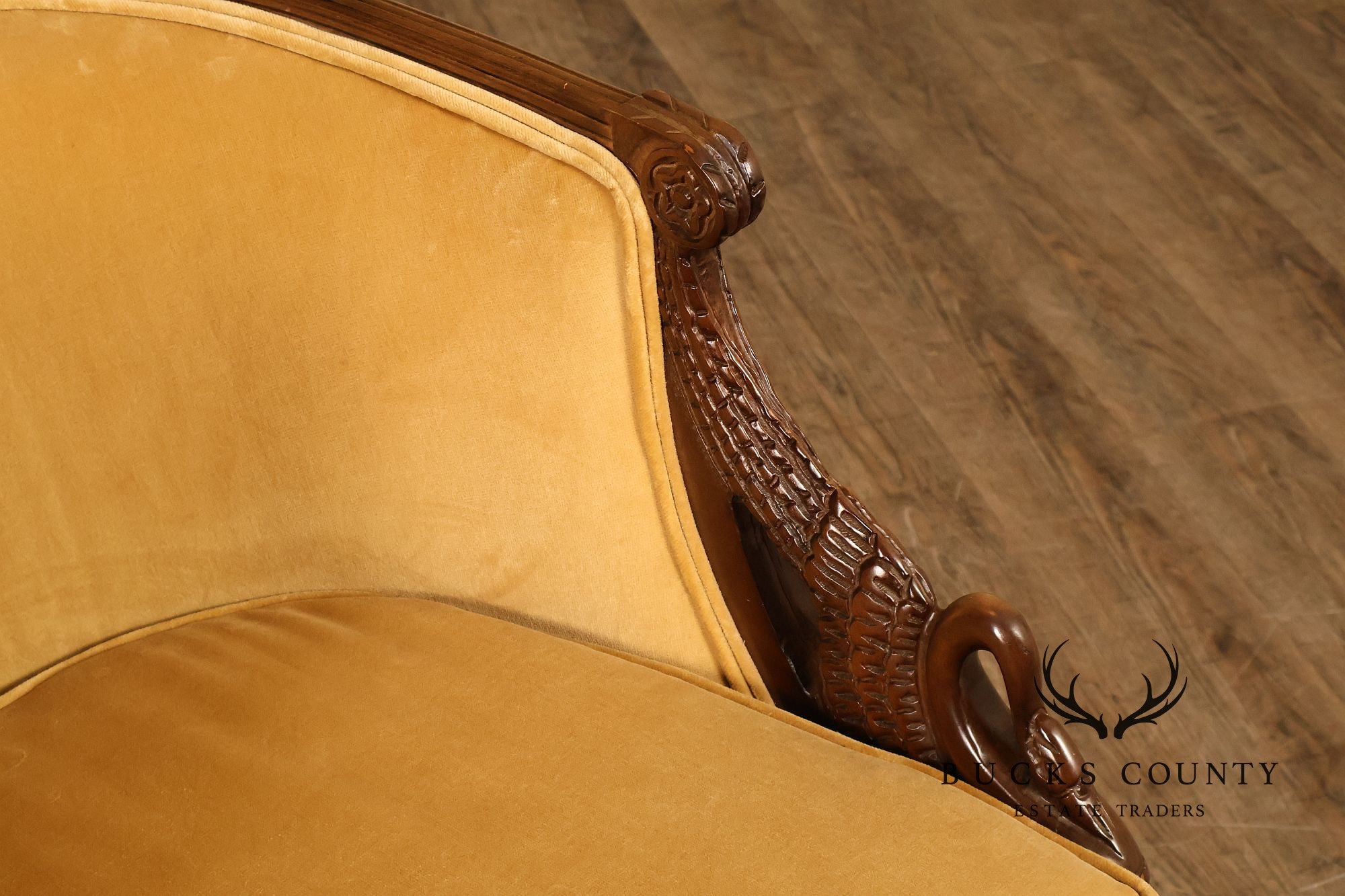 Pair Of French Empire Style Carved Mahogany Swan Motif Barrel Back Club Chairs In Gold Velvet