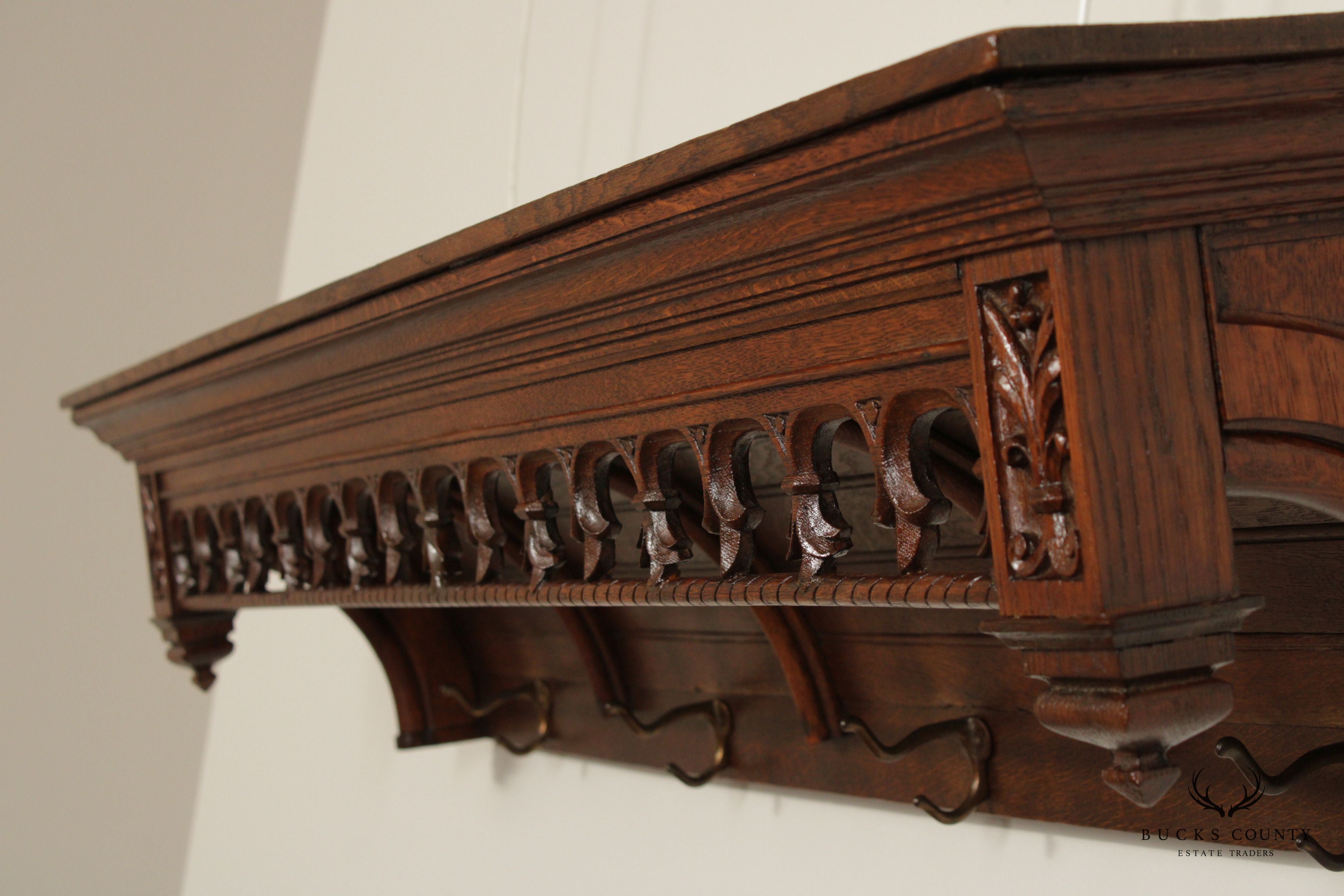 Antique French Gothic Revival Carved Oak Coat Rack Wall Shelf