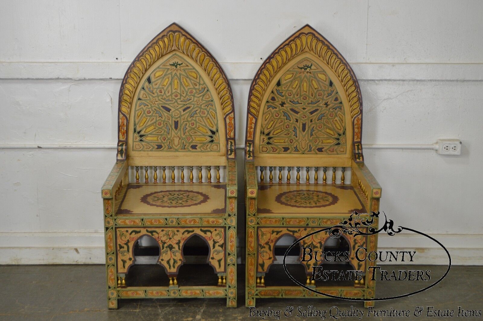 Unusual Pair of Middle Eastern Decorated Hall Chairs