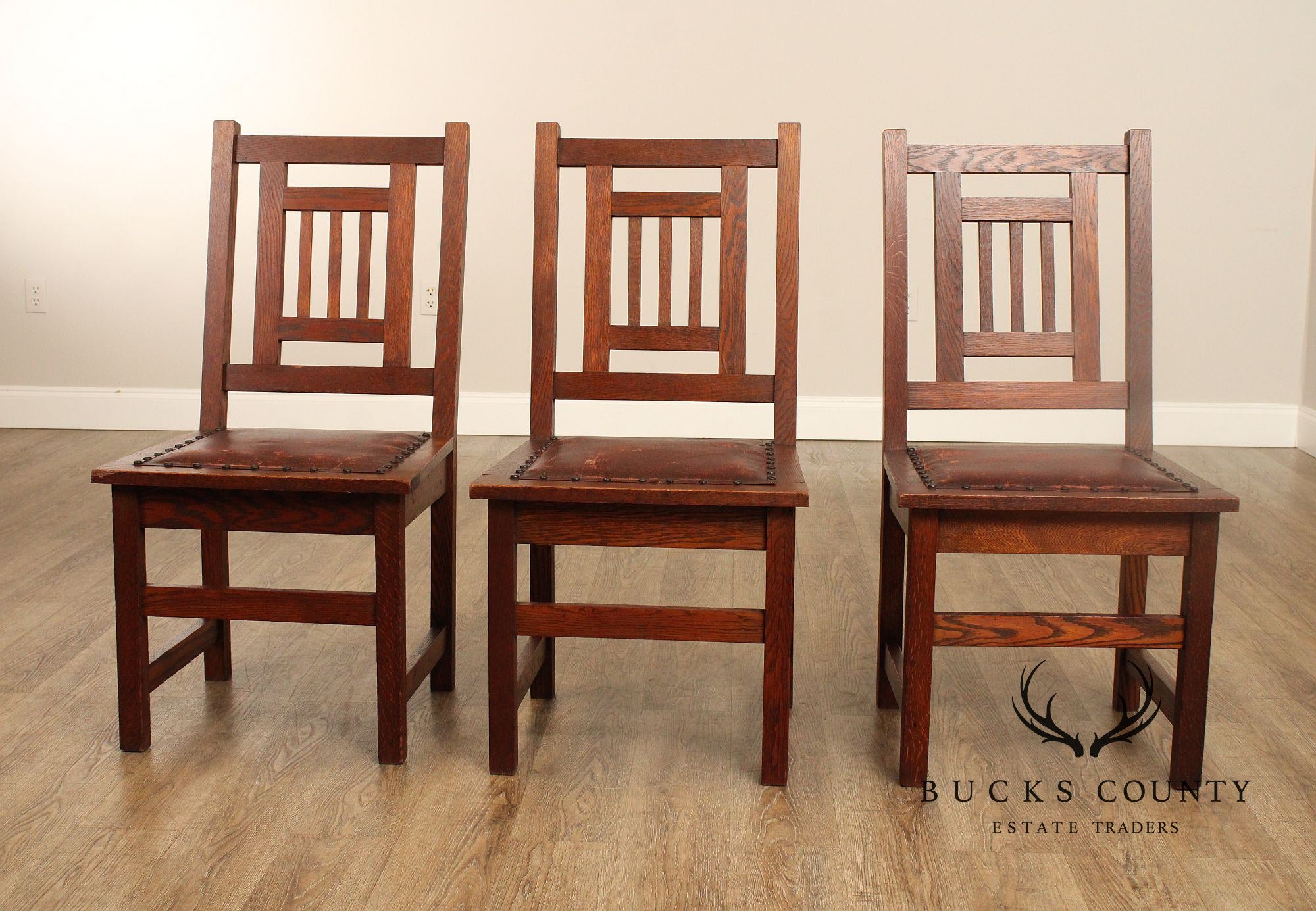 Antique American Arts & Crafts Mission Set Of 3 Oak Side Chairs