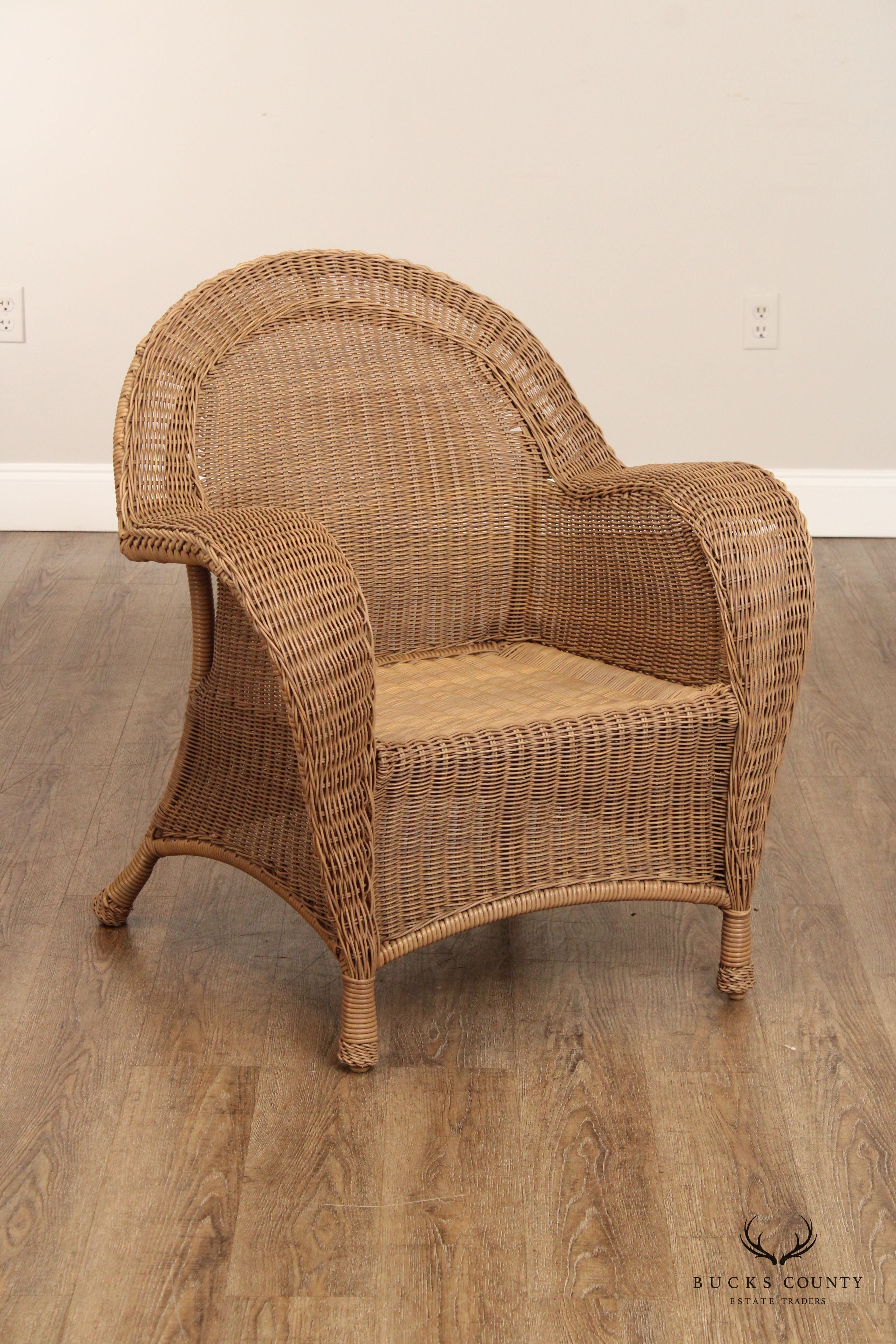 WOVEN WICKER PAIR OF OUTDOOR PATIO LOUNGE CHAIRS