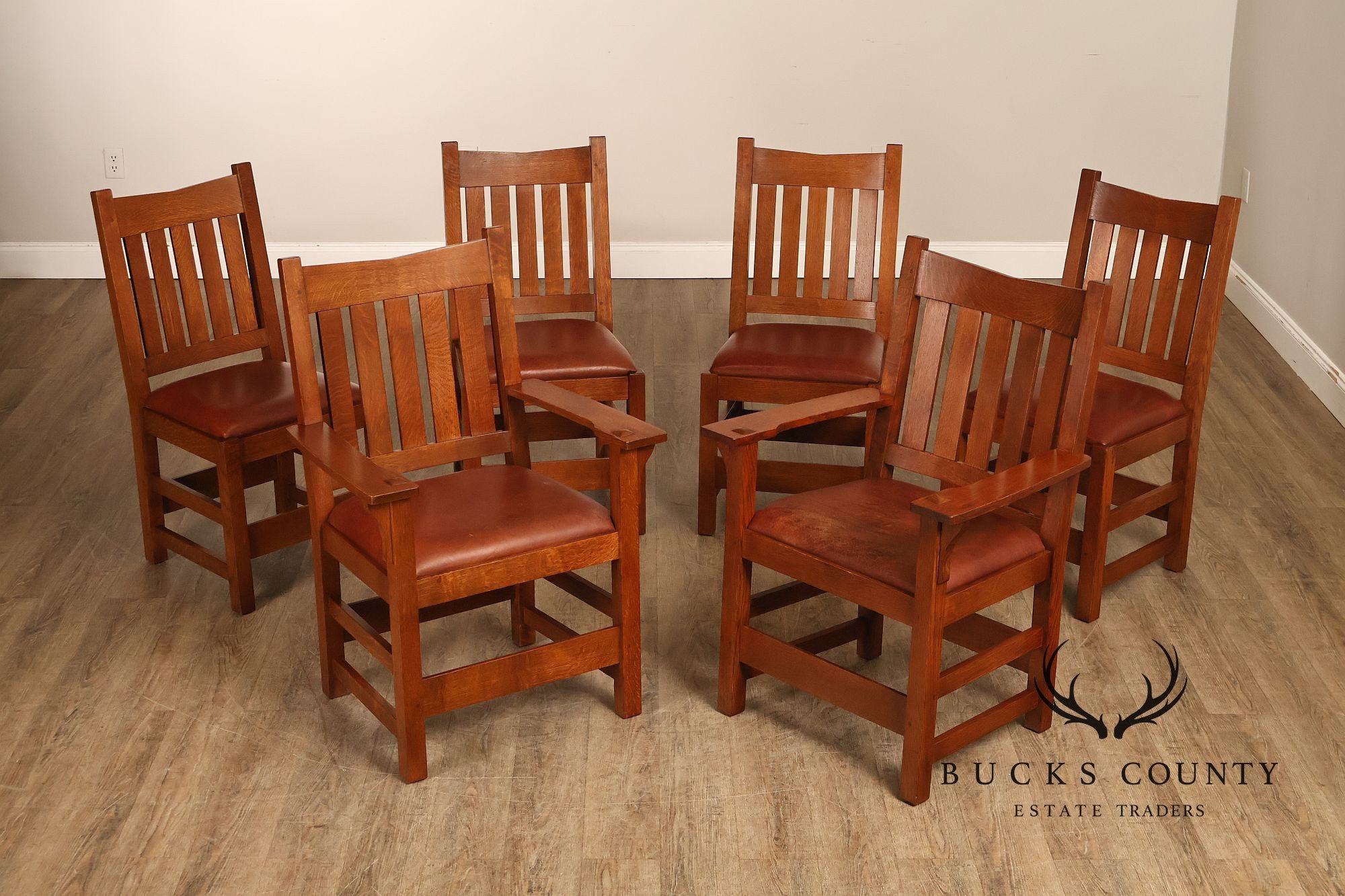 Stickley Mission Collection Set of Six Oak and Leather Dining Chairs