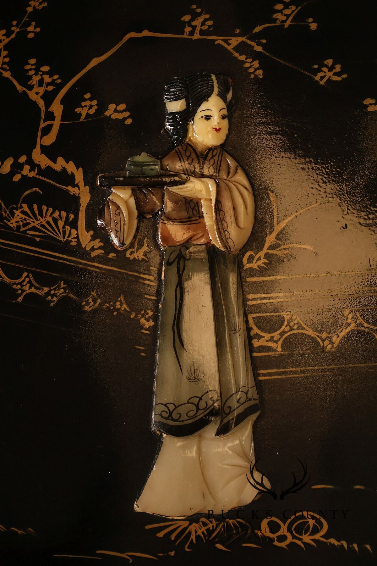 Asian Inspired Black Lacquer Coffee Table With Figural Inlay