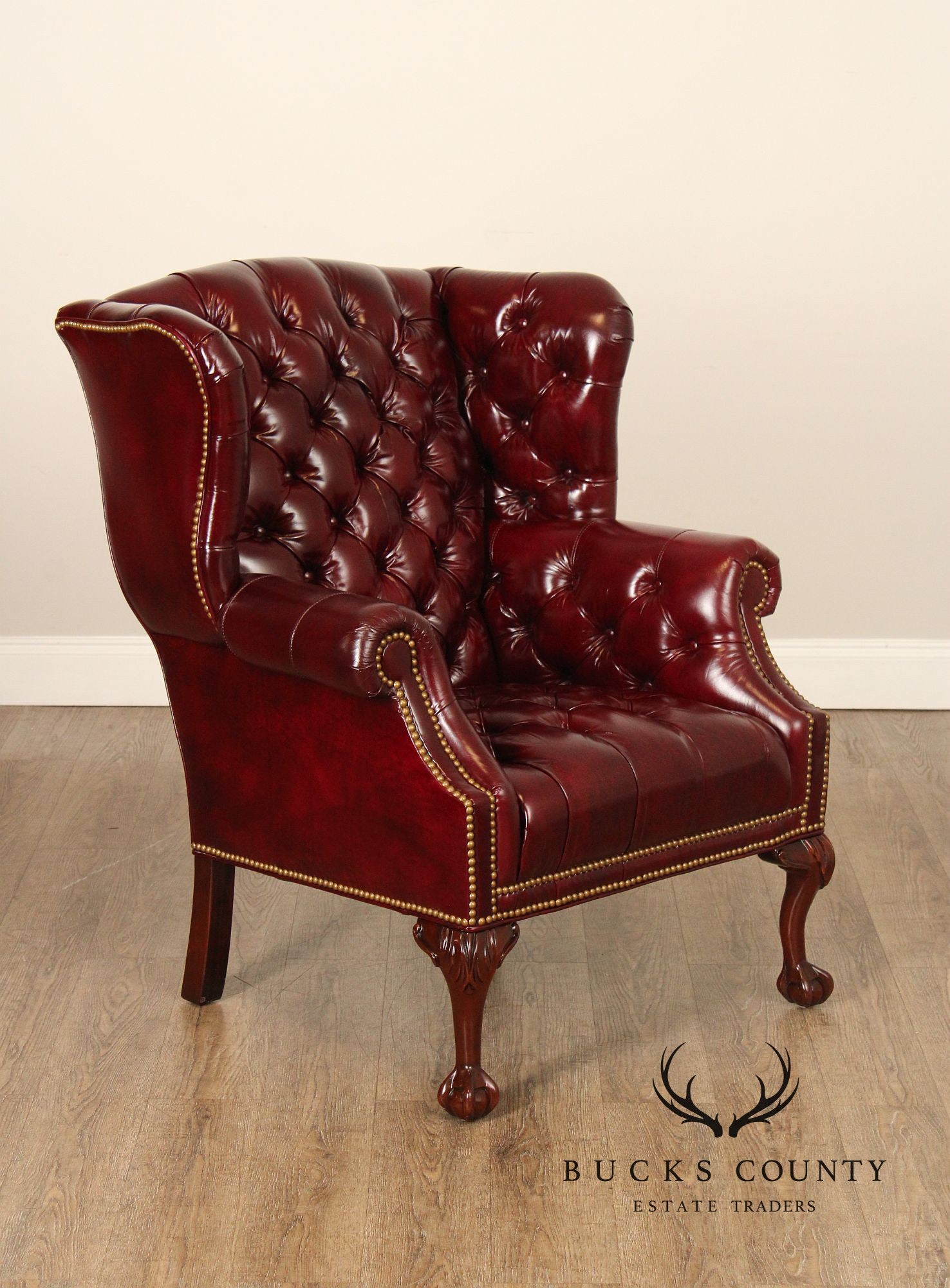 Georgian Style Tufted Oxblood Leather 'Reynolds' Wing Chair and Ottoman