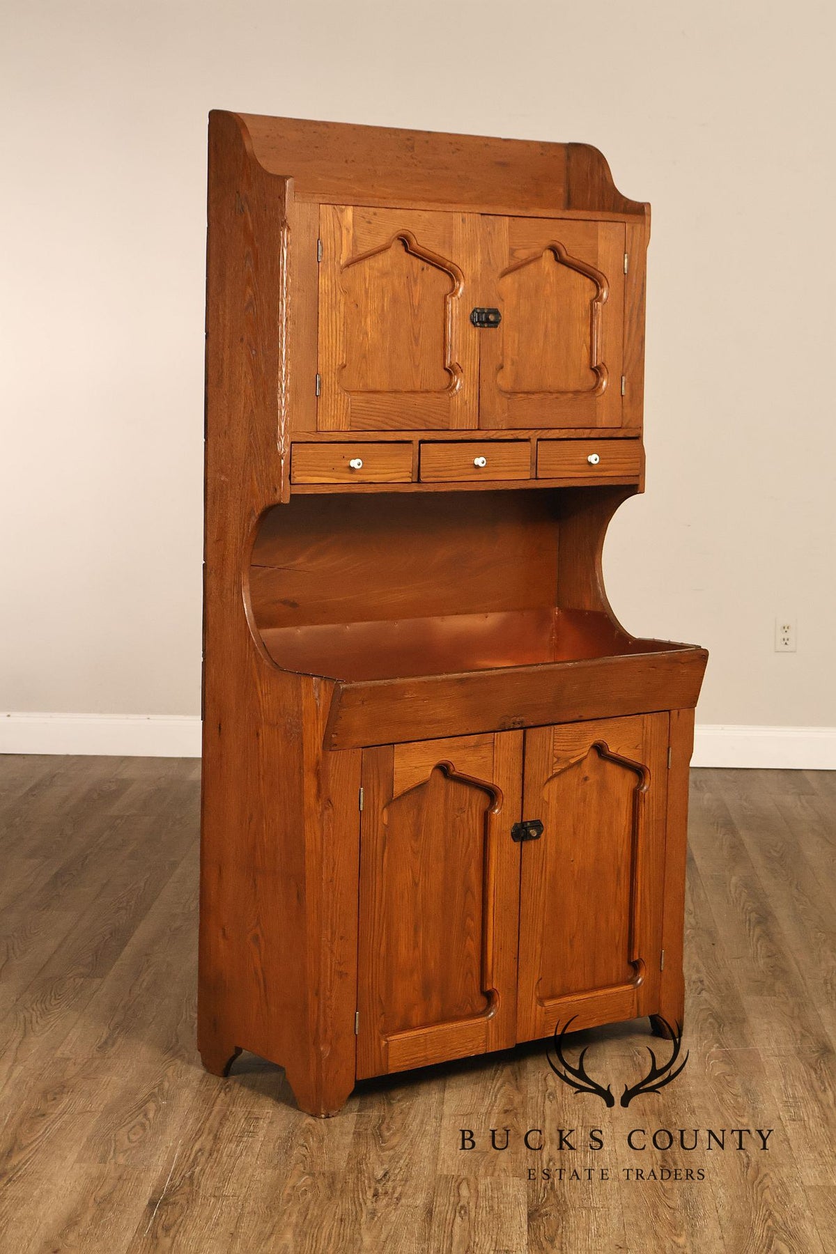 Antique Pine Dry Sink Hutch With Copper Lined Basin