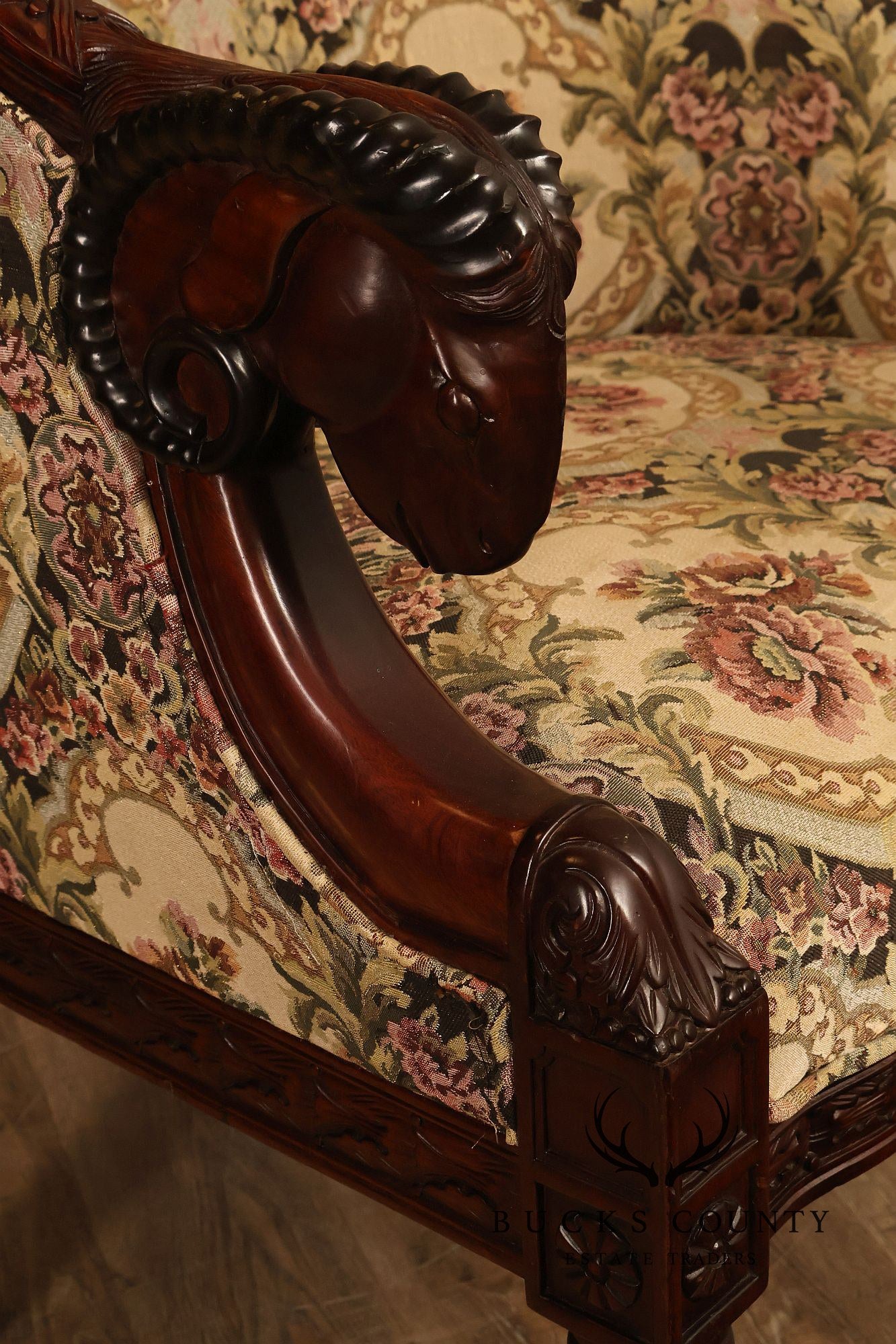 Pair Of Carved Mahogany Ram’s Head Upholstered Armchairs