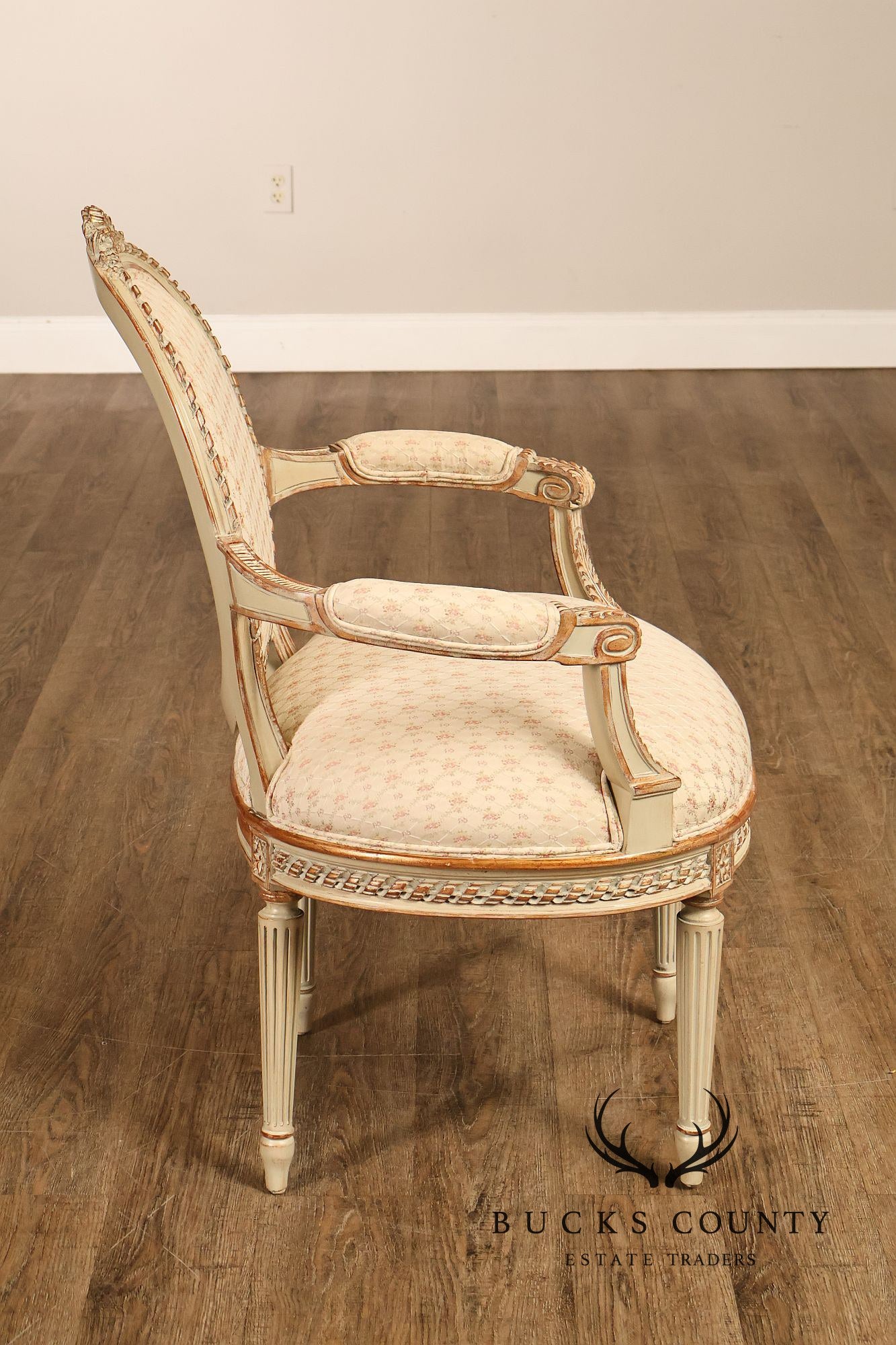 French Louis XVI Style Pair of Cream Painted Armchairs