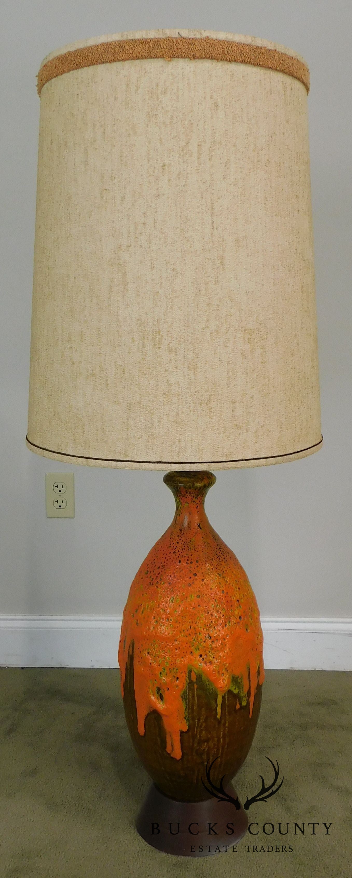 Mid Century Orange Lava Drip Glaze Ceramic Pottery Table Lamp