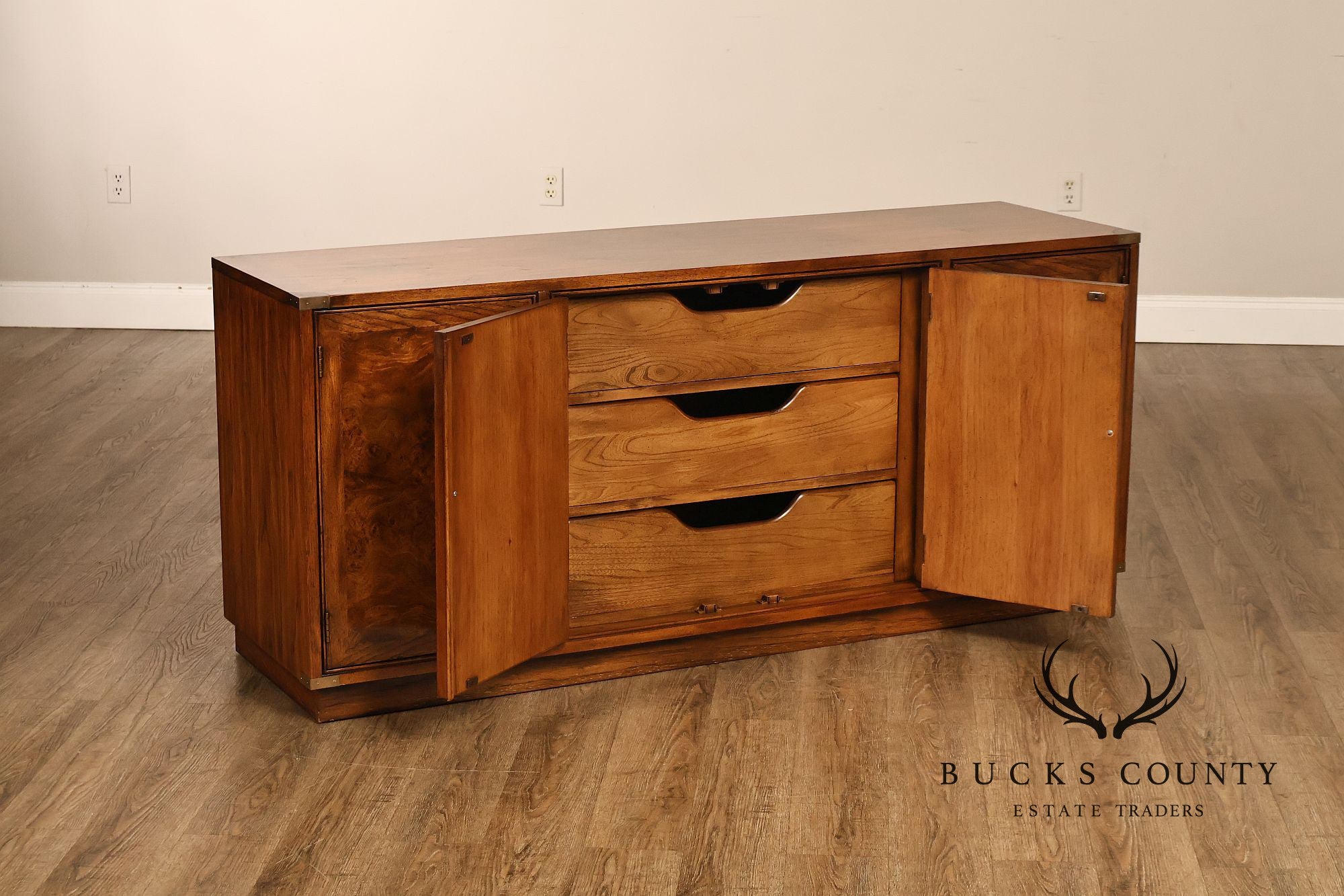 Hickory Manufacturing Vintage Campaign Style Burlwood Buffet Sideboard