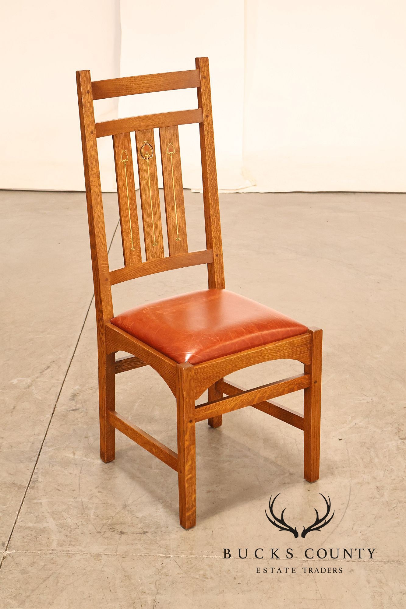 Stickley Harvey Ellis Set of Four Inlaid Oak and Leather Dining Chairs