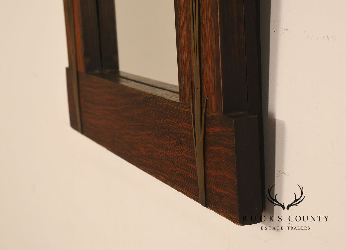 Arts And Crafts Mission Oak Mirror With Brass Cattail Decorative Mounts