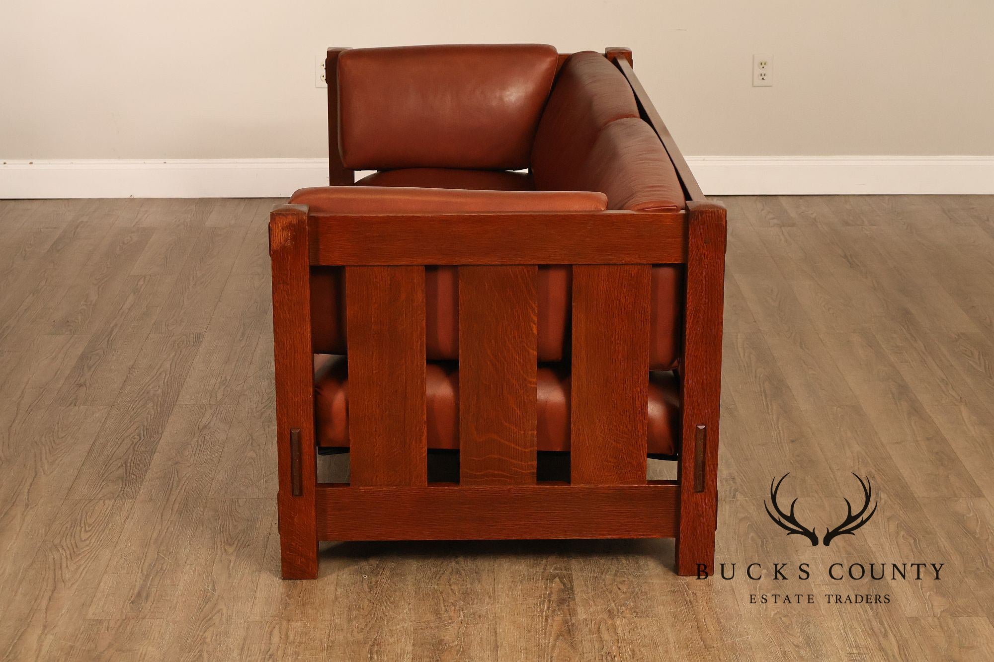 Stickley Mission Collection Oak Settle With Leather Cushions