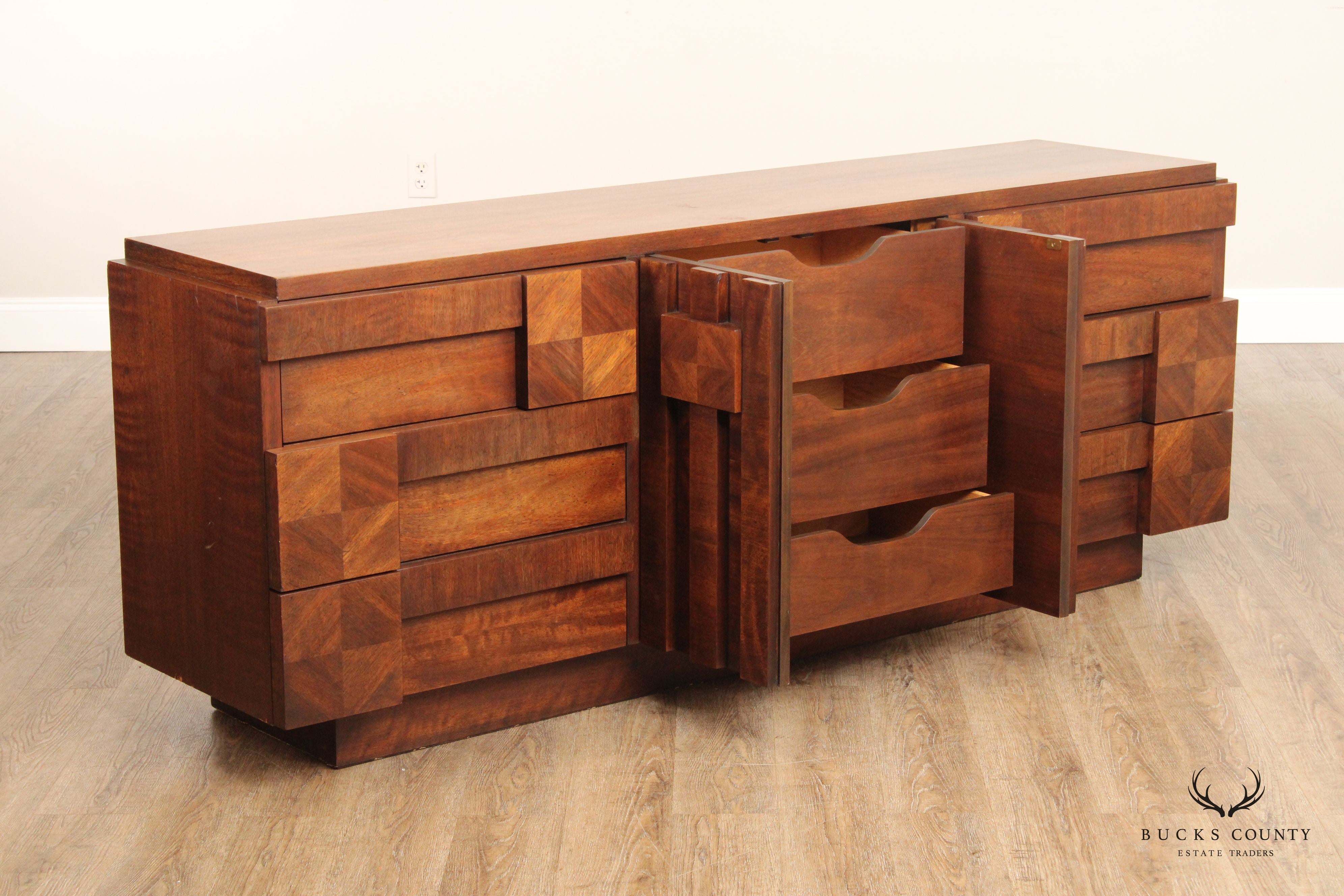 Lane 'Staccato' Brutalist Mid Century Modern Walnut Triple Chest