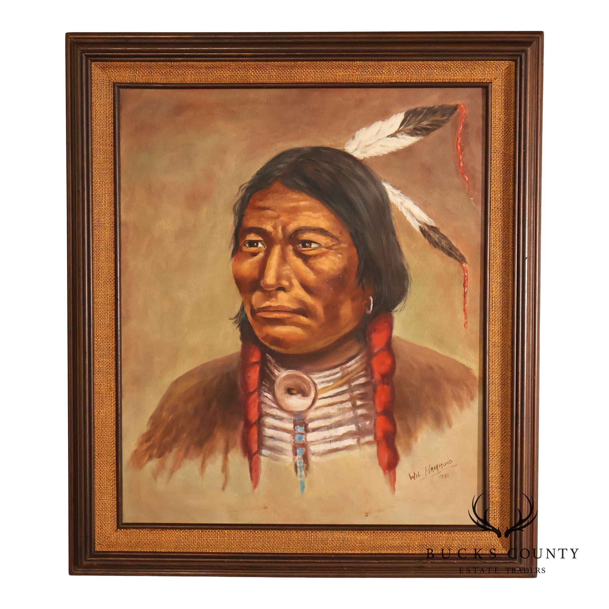 Framed Native American Portrait Painting Signed Wil Hamond 1981 "Lone Hawk"