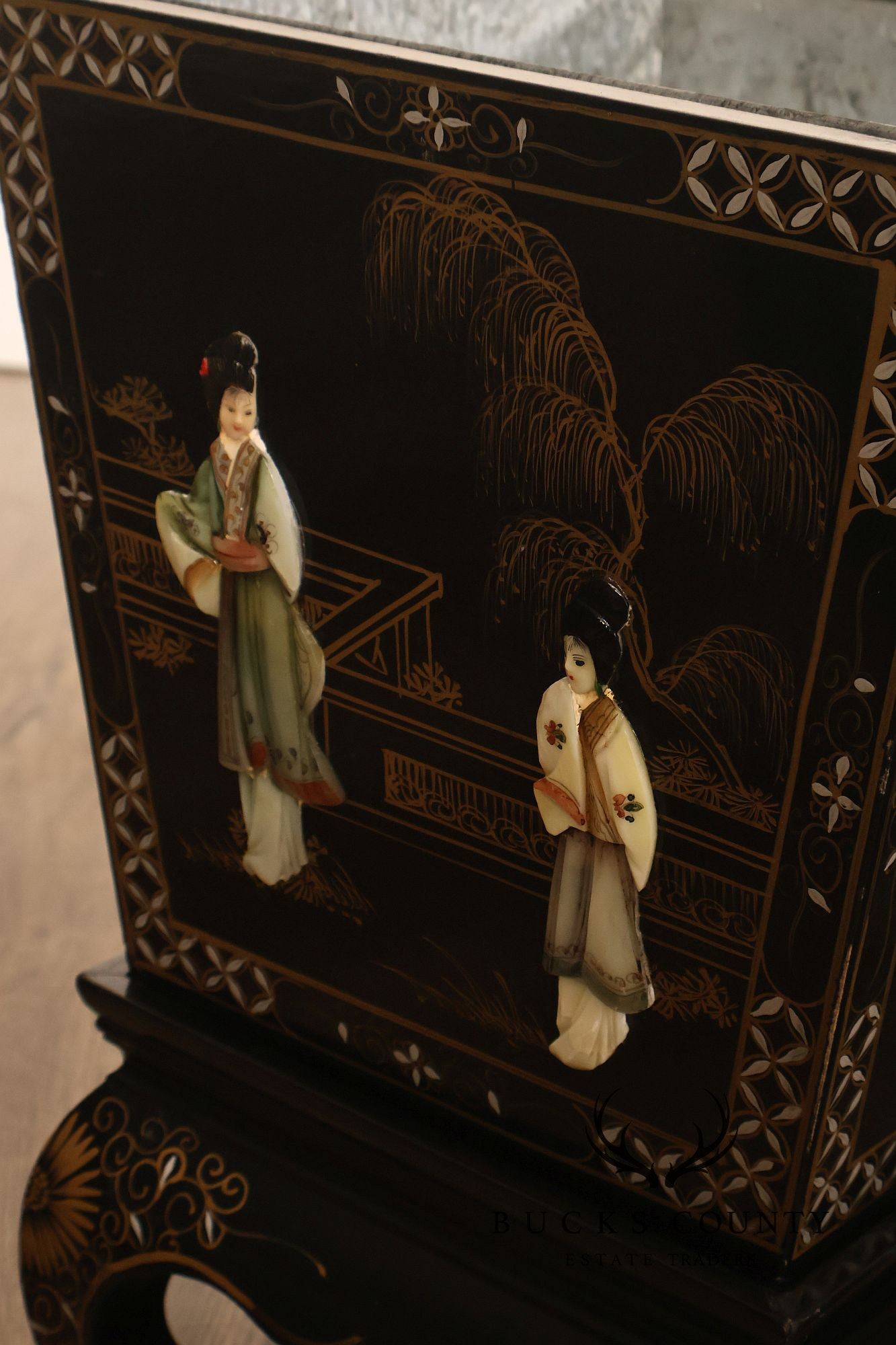 Chinese Black Lacquer Mother Of Pearl Inlaid Figural Planter On Matching Stand