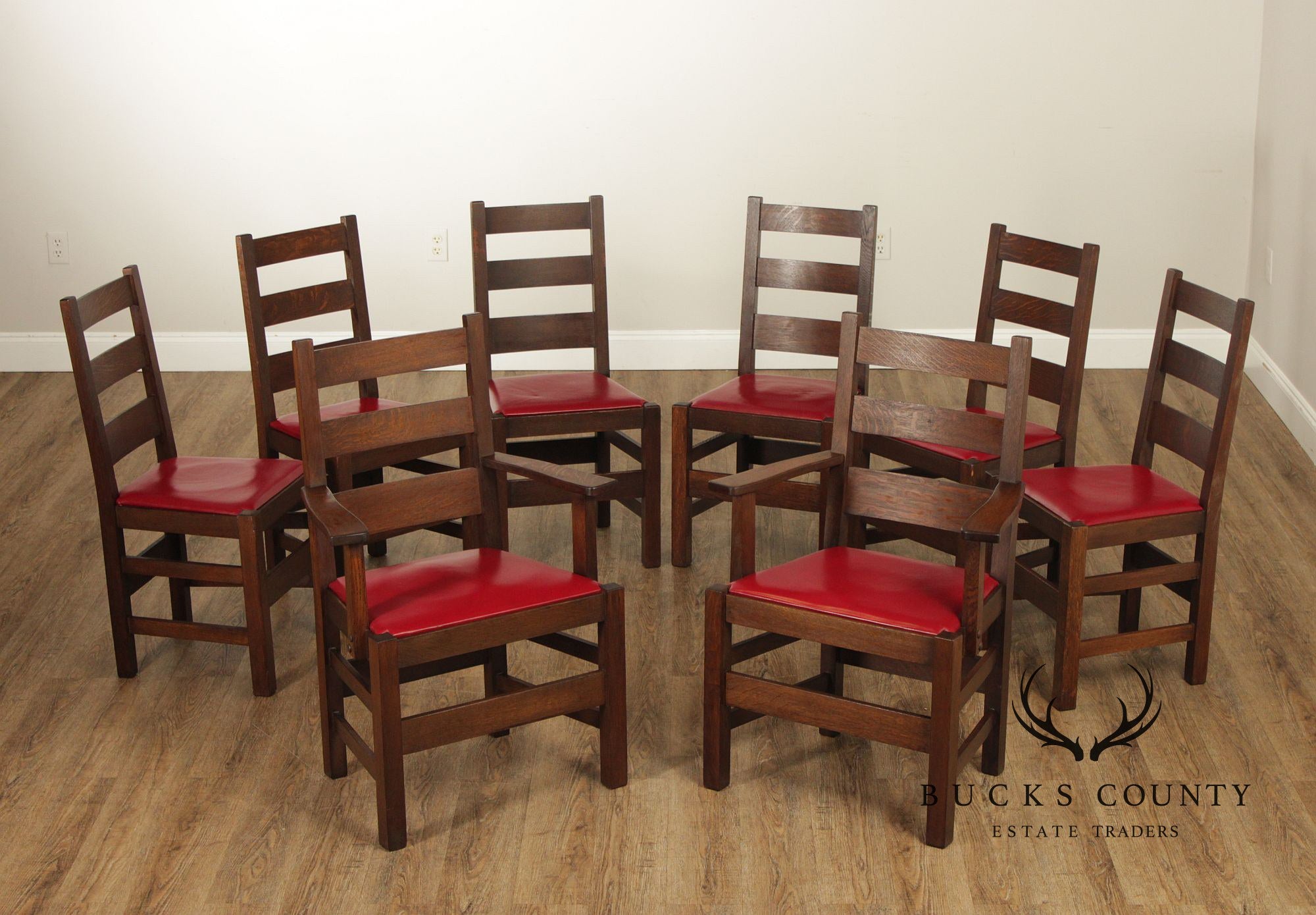 Antique Stickley Brothers Mission Oak Set Of 8  Ladder Back Dining Chairs