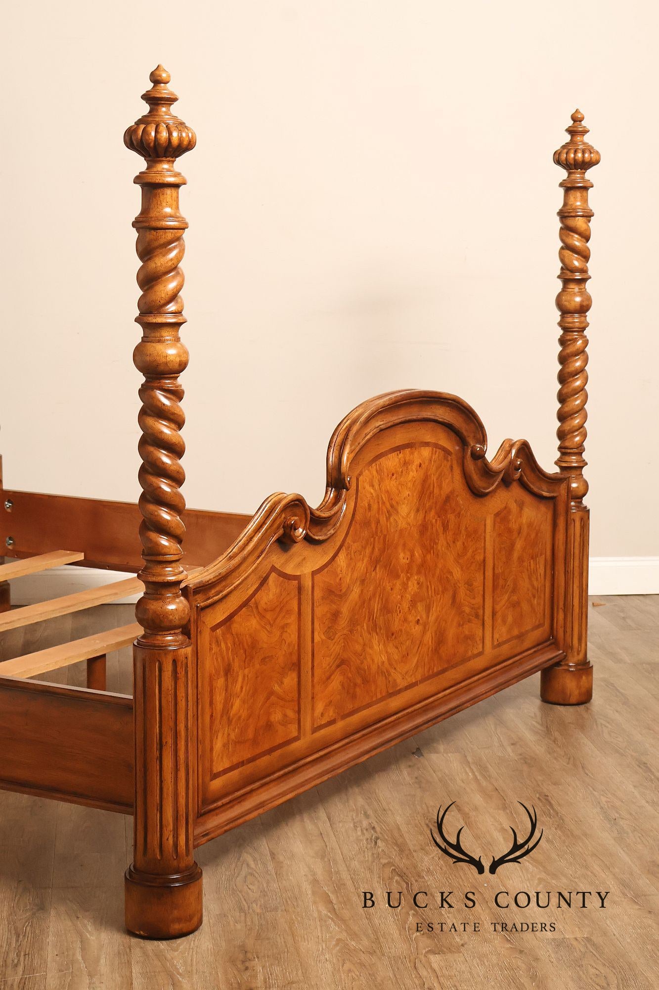 Drexel Heritage Venetian Collection Bookmatched Burl Wood King Four Poster Bed