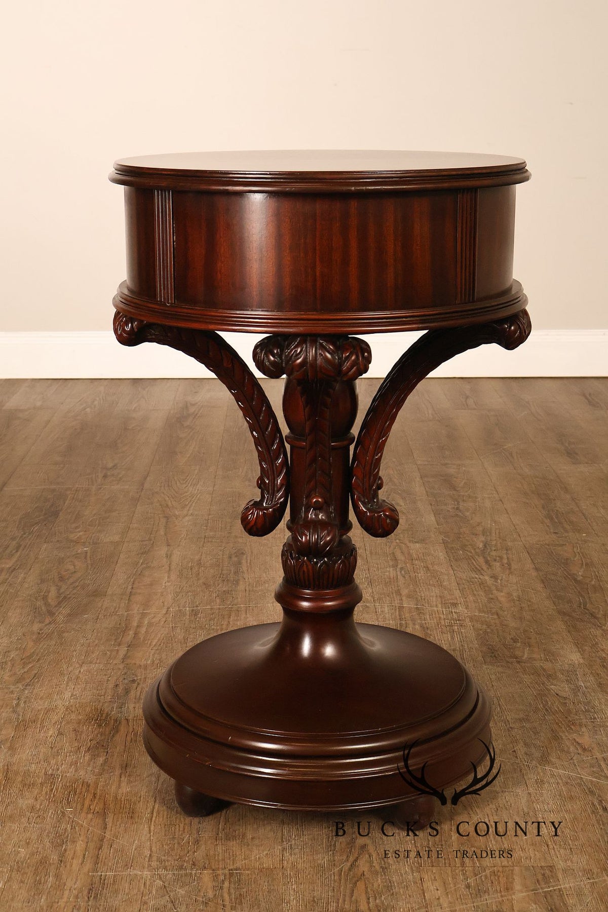 Carved Mahogany Pair Of Round Pedestal End Tables With A Drawer