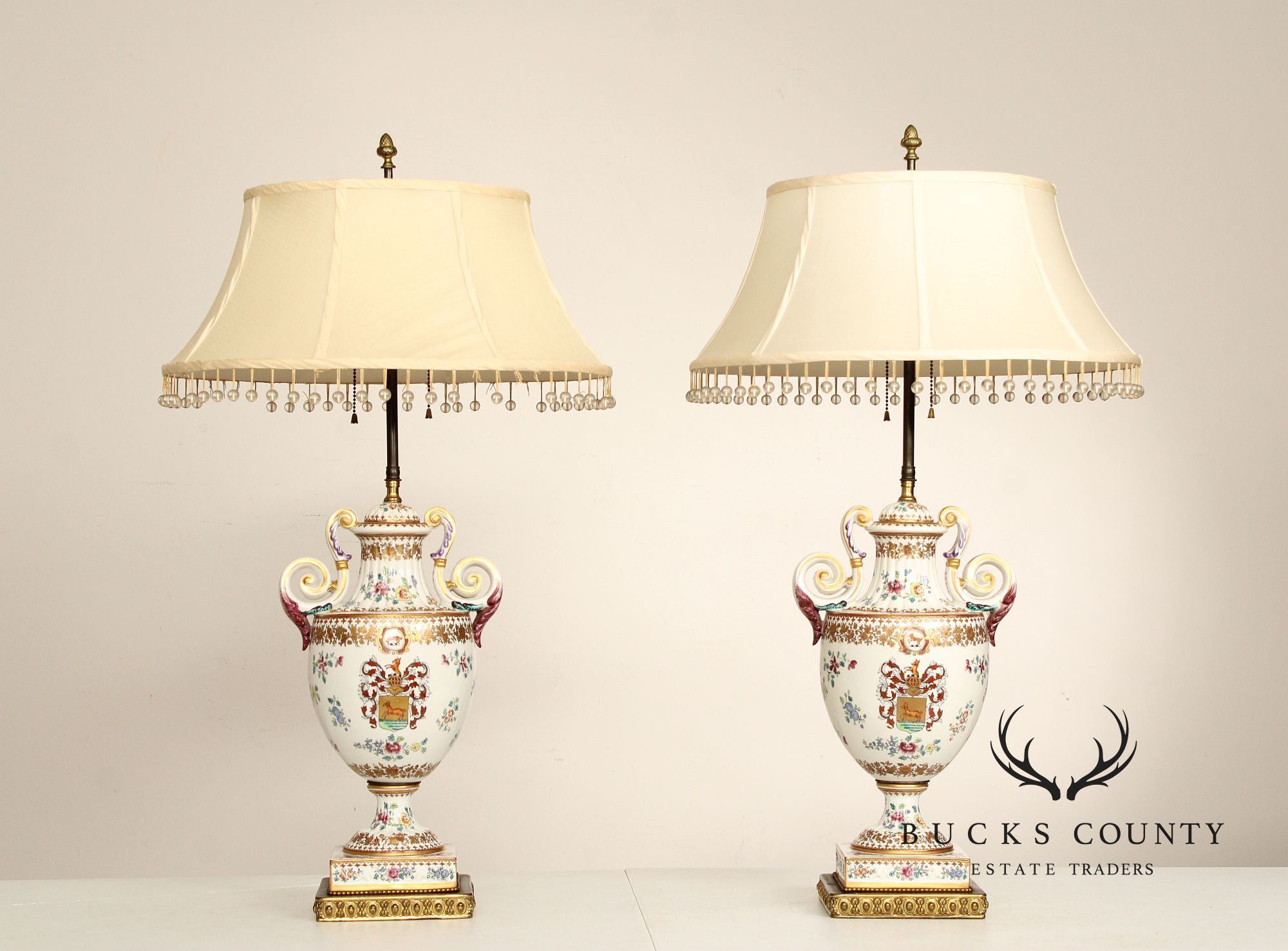 Vintage Pair of Painted Porcelain Table Lamps