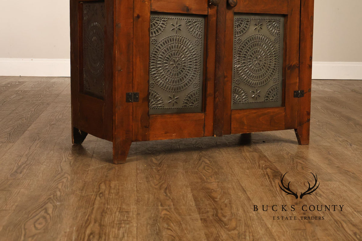 Antique American Country Pine Pie Safe Cabinet With Punched Tin Panels