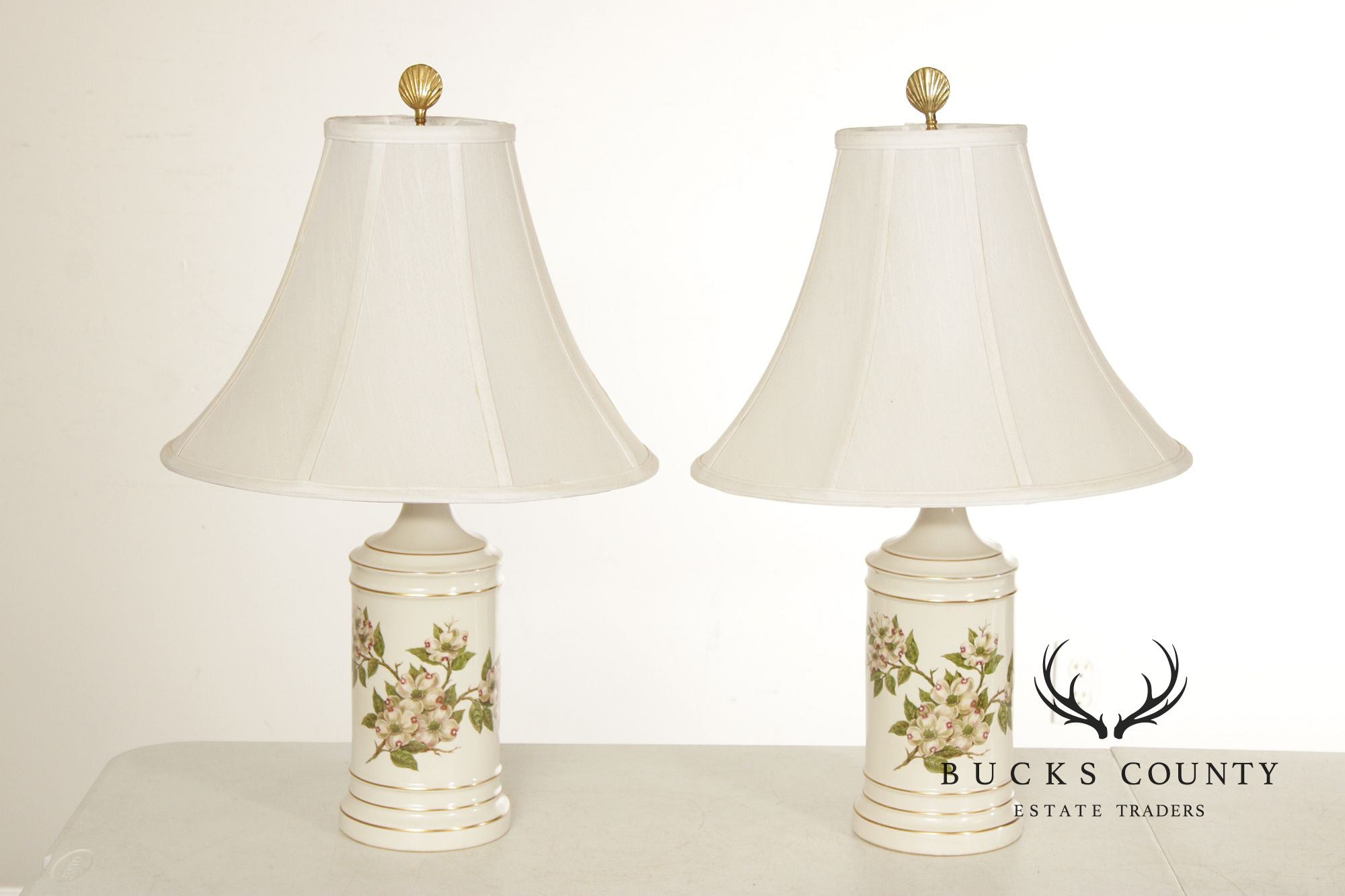 Vintage Pair of Botanical Painted Porcelain Table Lamps