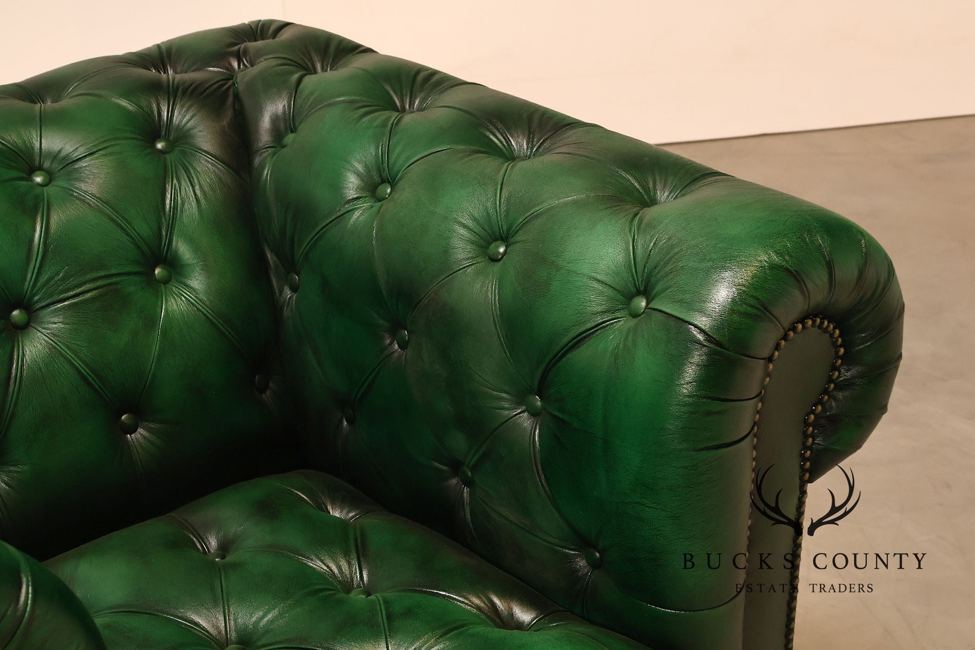 Chesterfield Style Pair of Green Leather Club Chairs