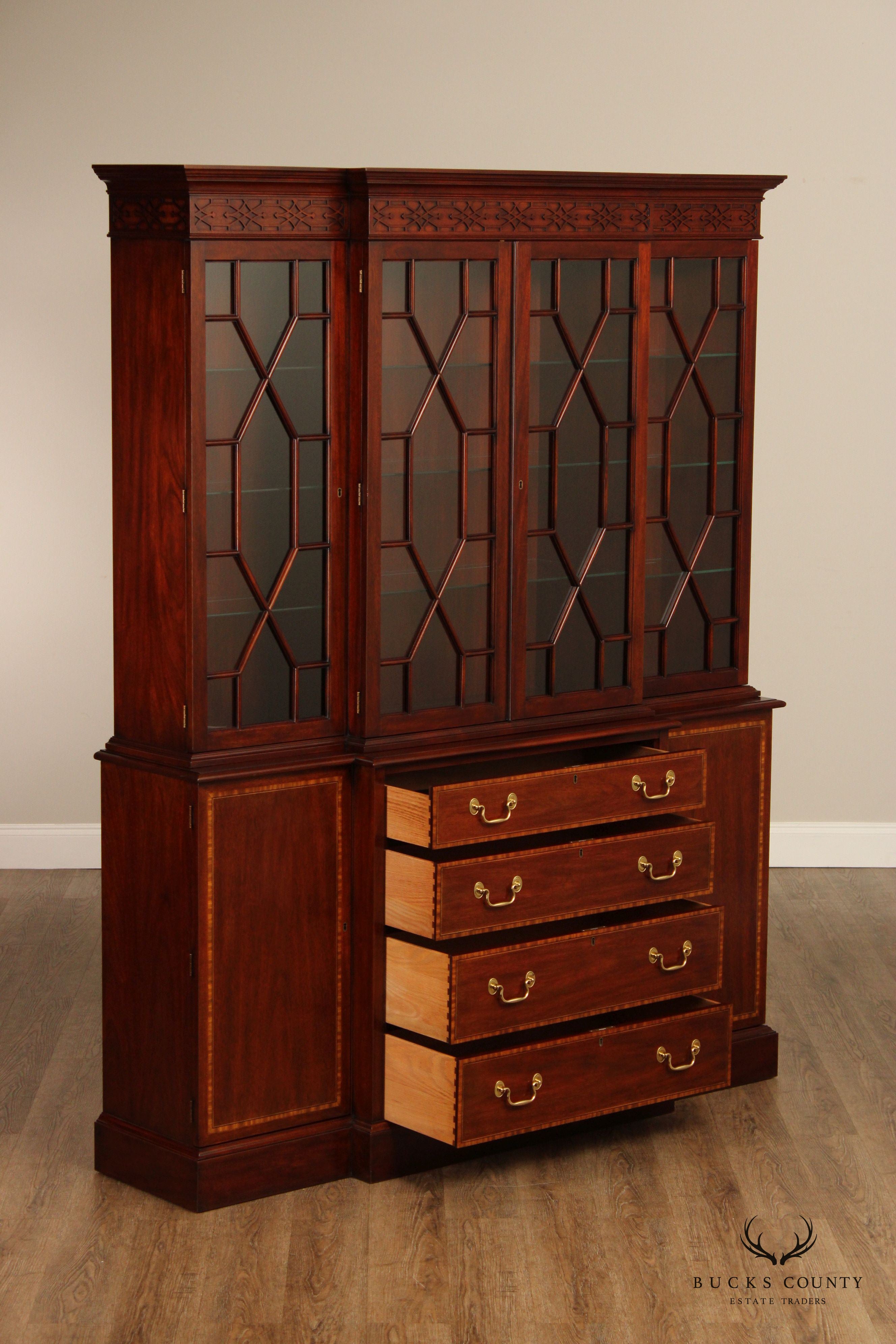 Henkel Harris Georgian Style Inlaid Mahogany Breakfront Bookcase