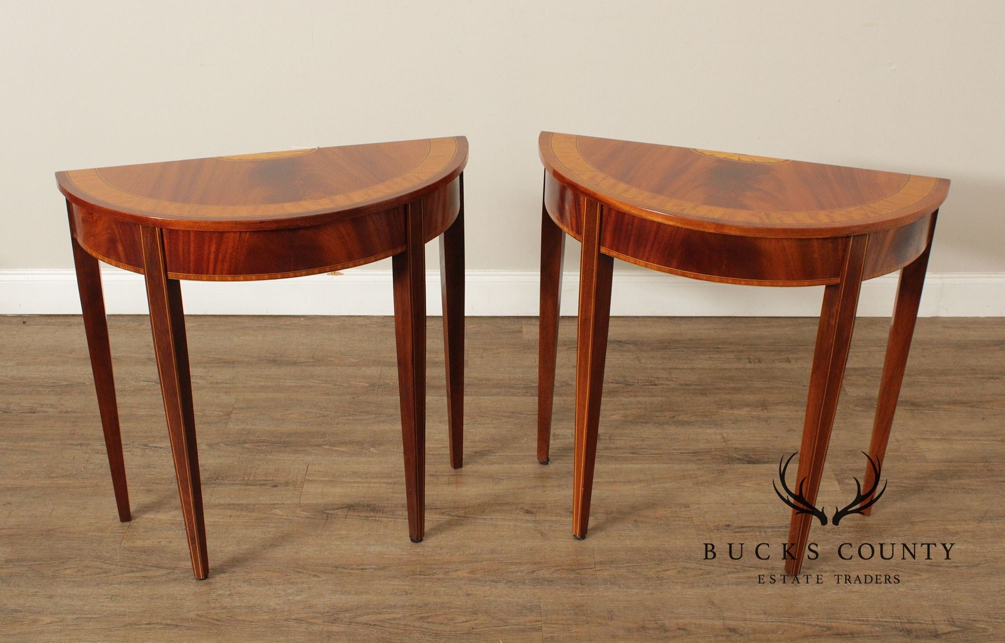 Federal Style Pair of Mahogany Demilune Console Tables