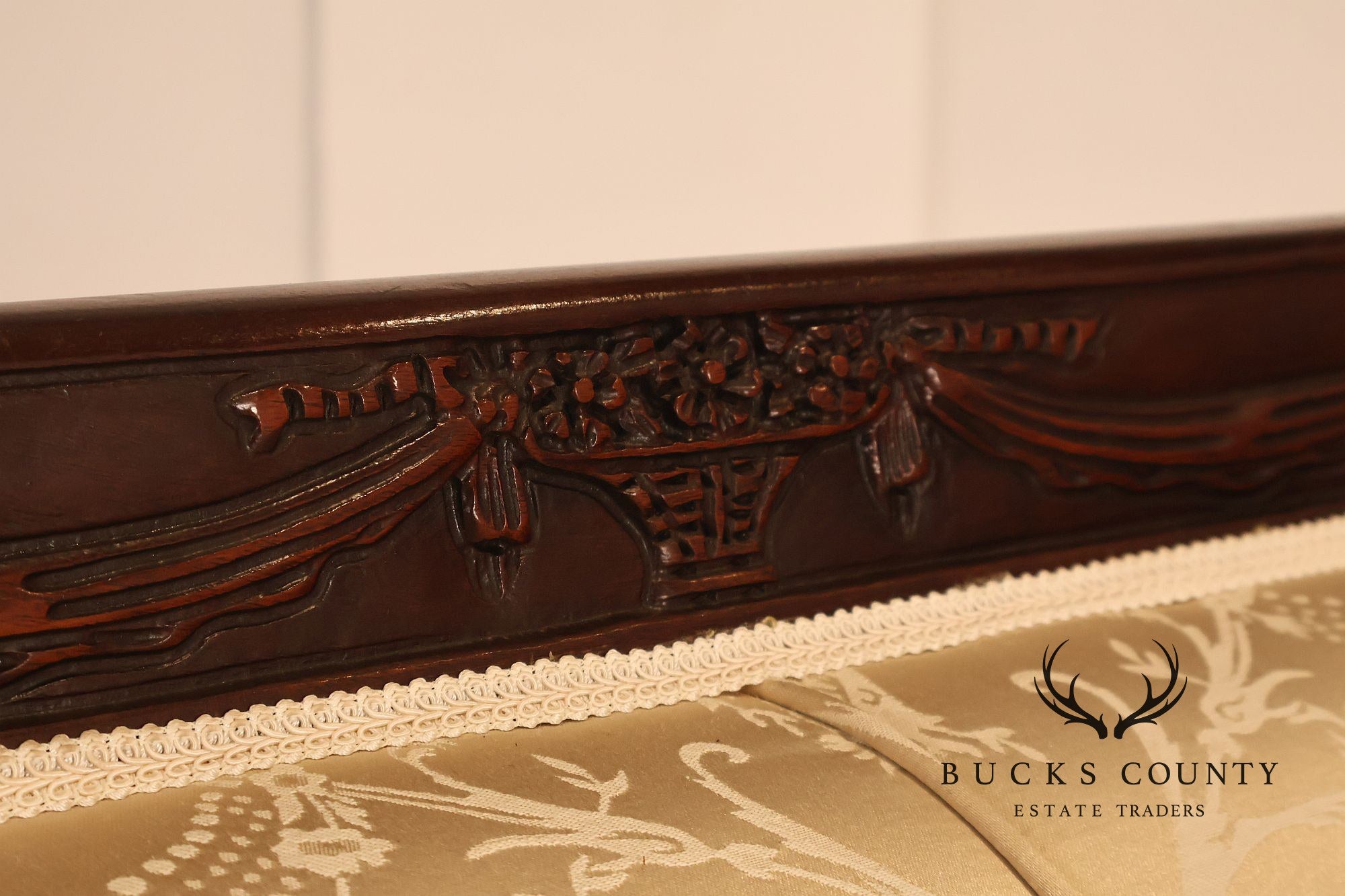 Federal Sheraton Style Upholstered Sofa With Carved Wood Frame