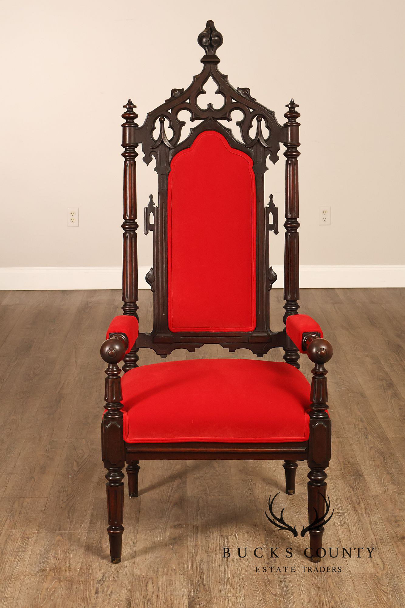 Gothic Revival Walnut Carved Wood Throne Pair Of Armchairs