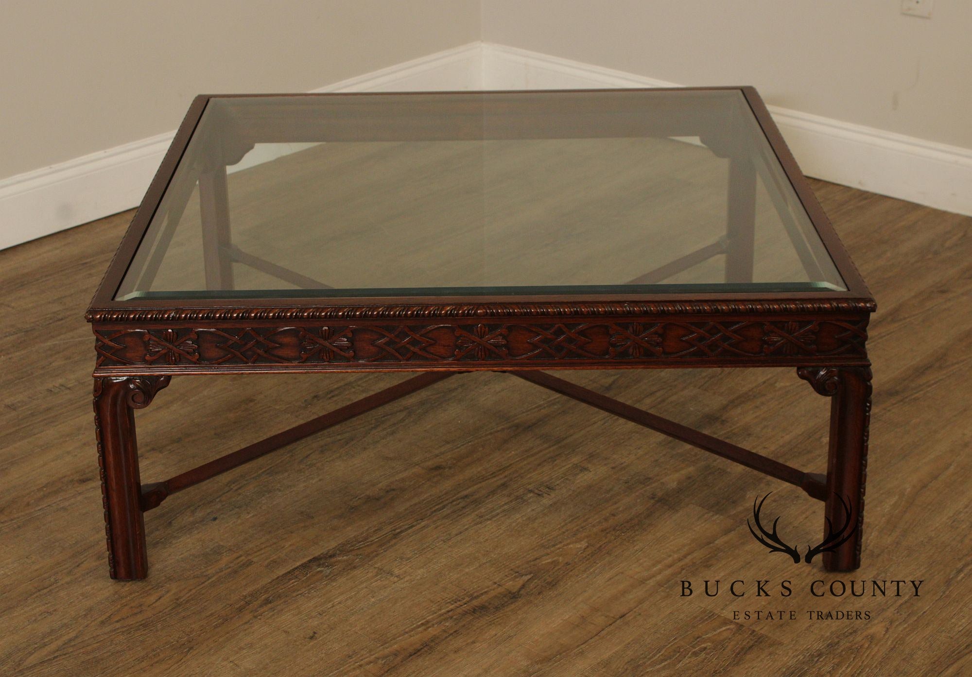 Chinese Chippendale Style Square Glass Top Coffee Table